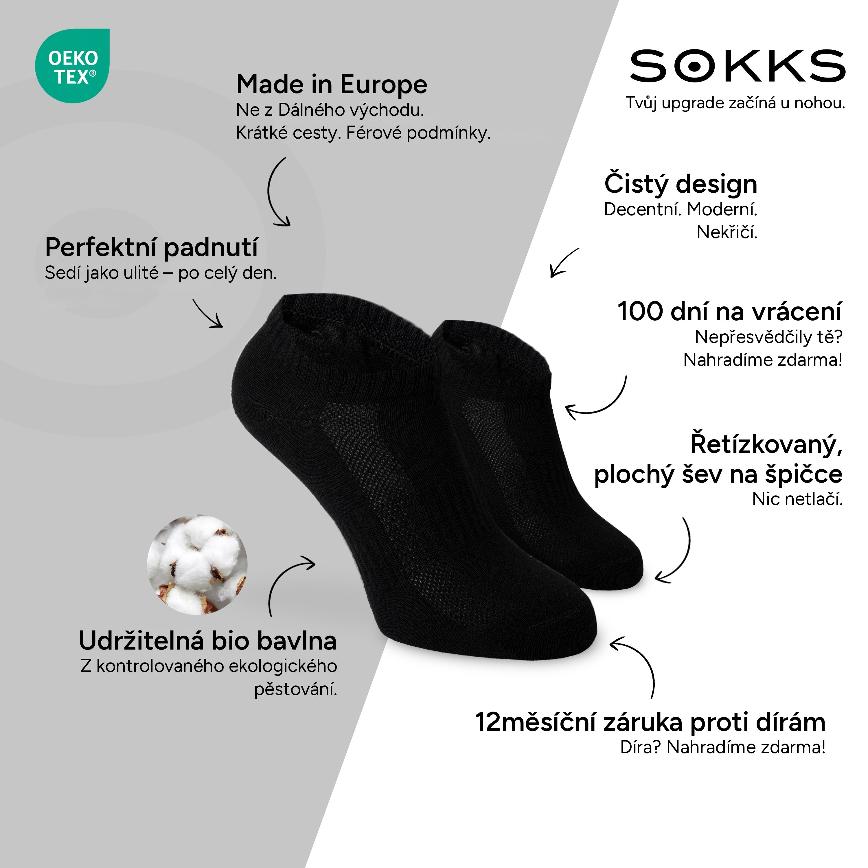 SOKKS Kotníkové ponožky (Quarter) Černé z bavlny — Výhody: Made in Europe, bio bavlna, 100 dní na vrácení, 12měsíční záruka proti dírám