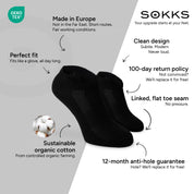 SOKKS Quarter Sneaker Socks Black in Cotton — Benefits: Made in Europe, organic cotton, 100-day return policy, 12-month anti-hole guarantee