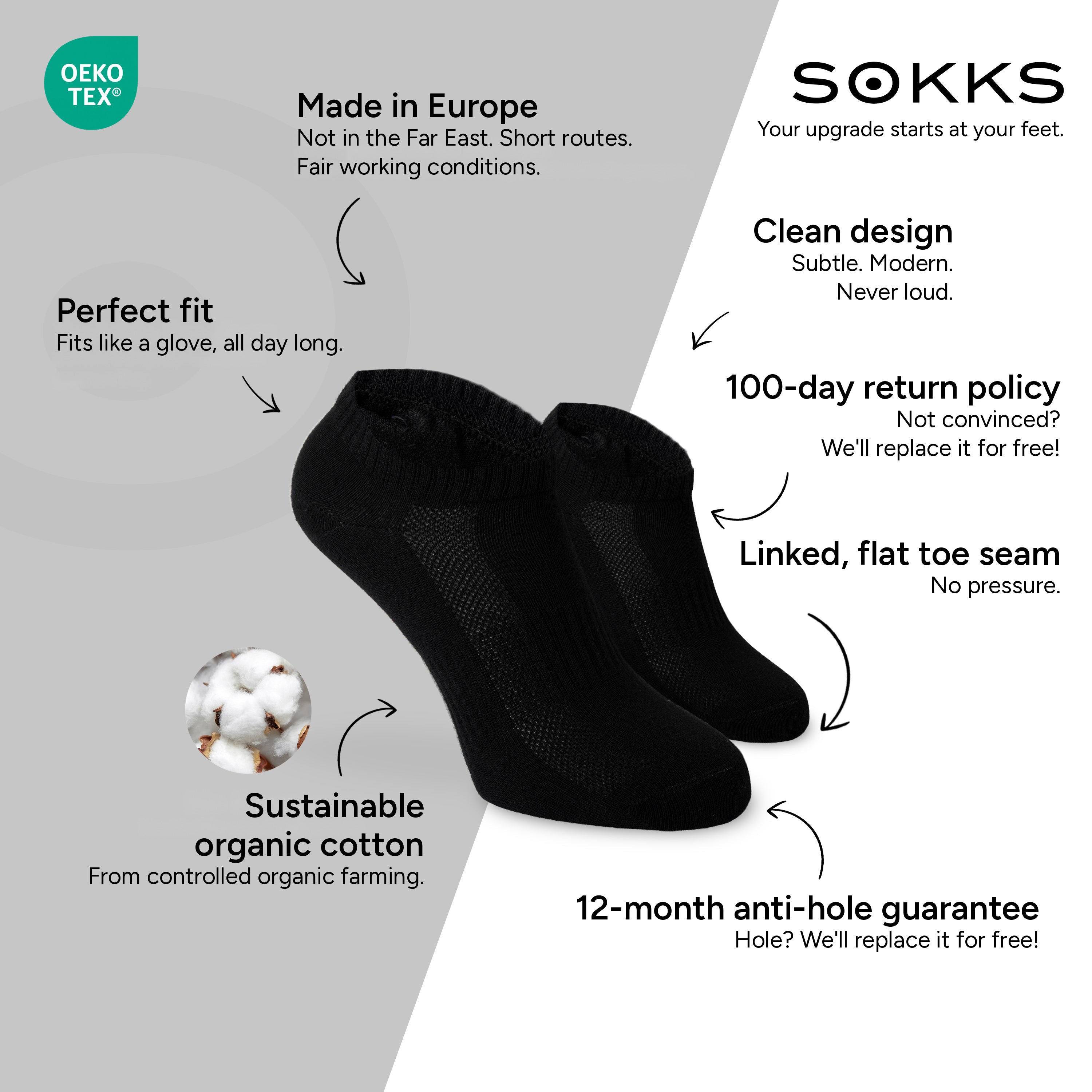 SOKKS Quarter Sneaker Socks Black in Cotton — Benefits: Made in Europe, organic cotton, 100-day return policy, 12-month anti-hole guarantee