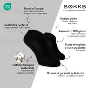 SOKKS Calzini Quarter Nero in Cotone — Vantaggi: Made in Europe, cotone biologico, reso entro 100 giorni, 12 mesi di garanzia anti-buchi