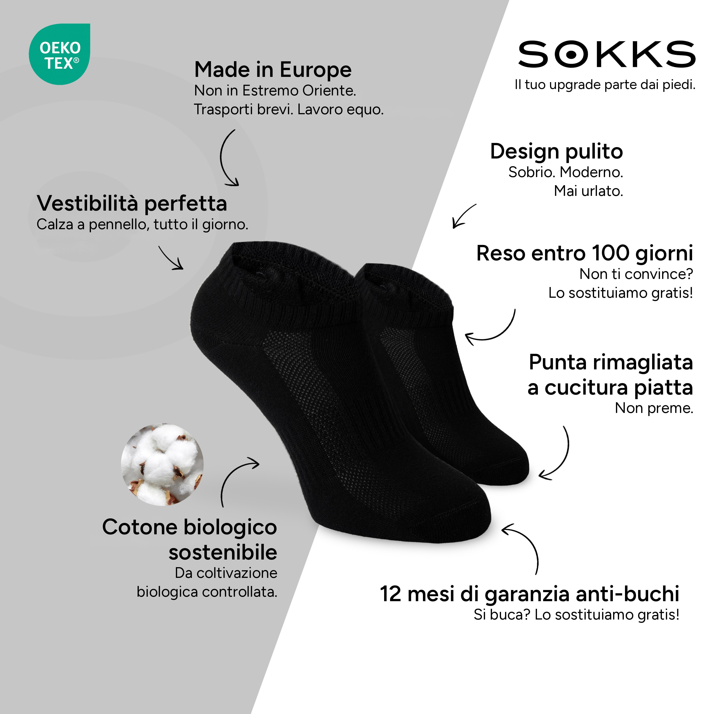 SOKKS Calzini Quarter Nero in Cotone — Vantaggi: Made in Europe, cotone biologico, reso entro 100 giorni, 12 mesi di garanzia anti-buchi