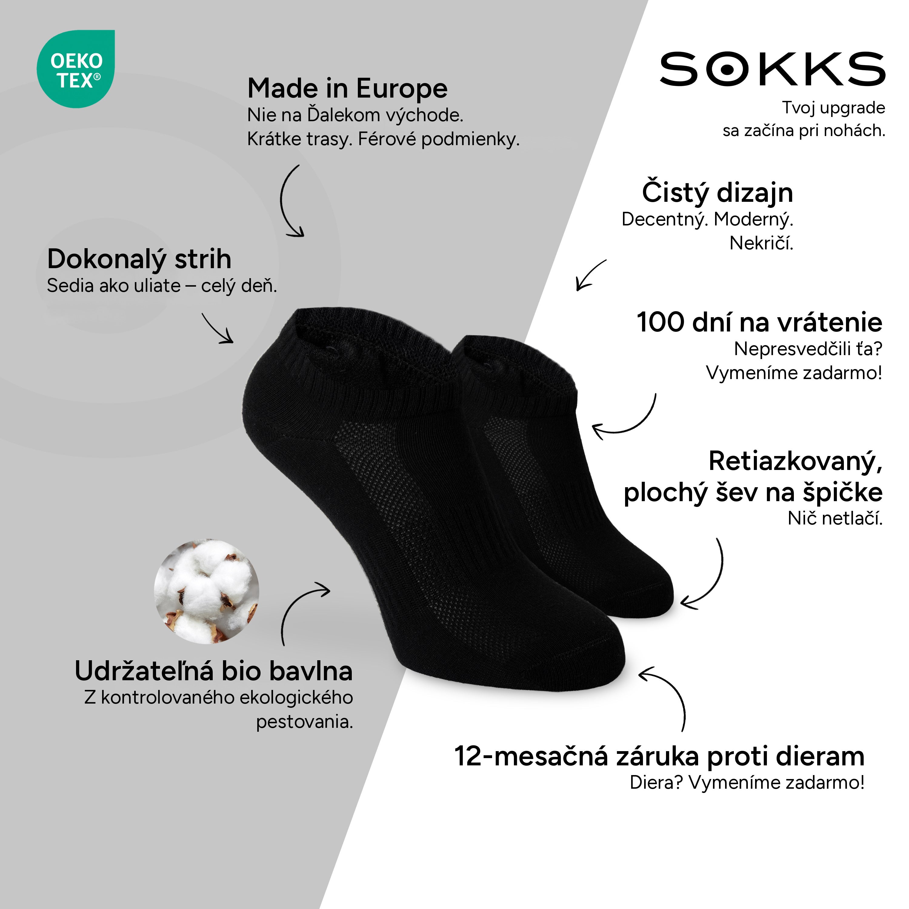 SOKKS Členkové ponožky (Quarter) Čierne z bavlny — Výhody: Made in Europe, bio bavlna, 100 dní na vrátenie, 12-mesačná záruka proti dieram