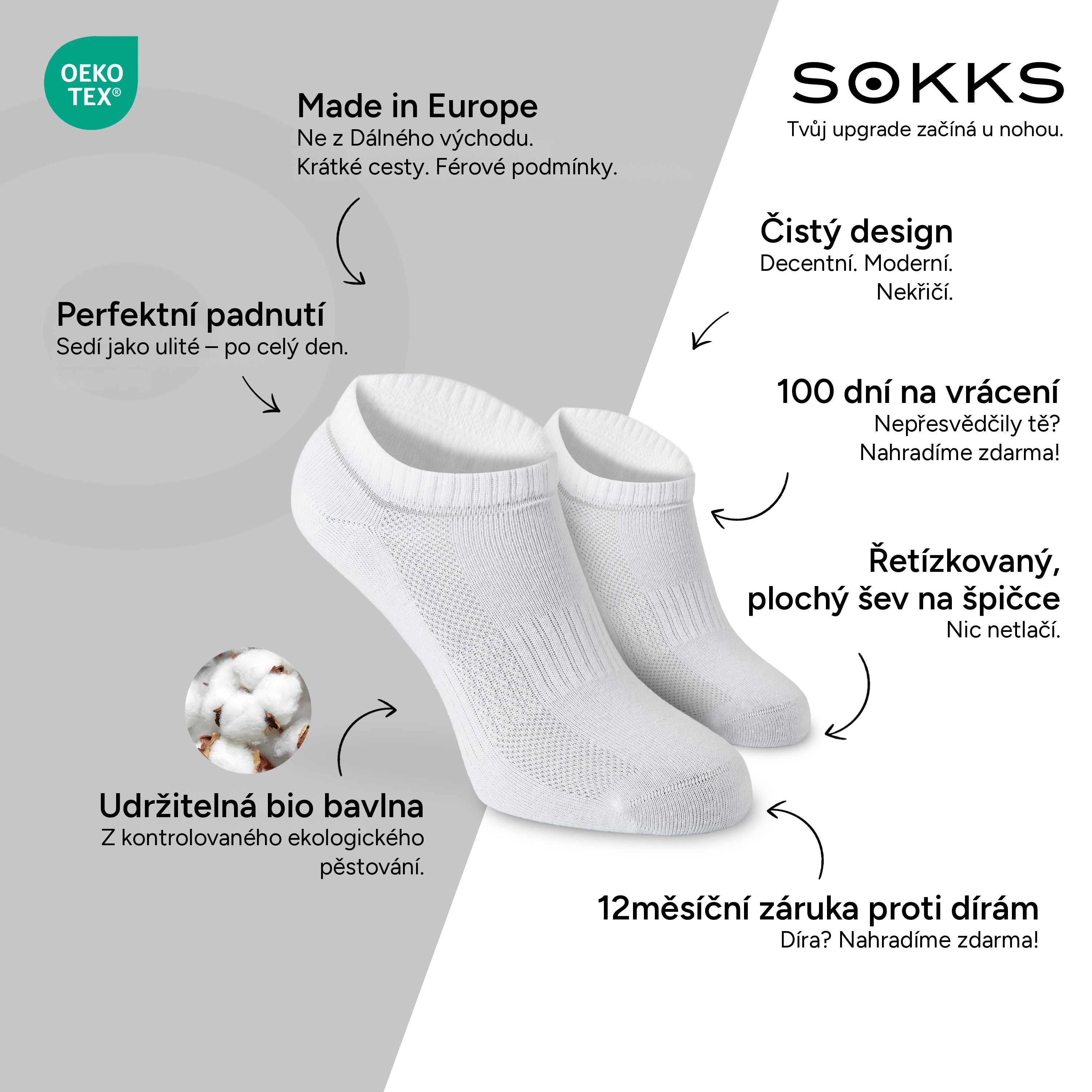 SOKKS Kotníkové ponožky (Quarter) Bílé z bavlny — Výhody: Made in Europe, bio bavlna, 100 dní na vrácení, 12měsíční záruka proti dírám