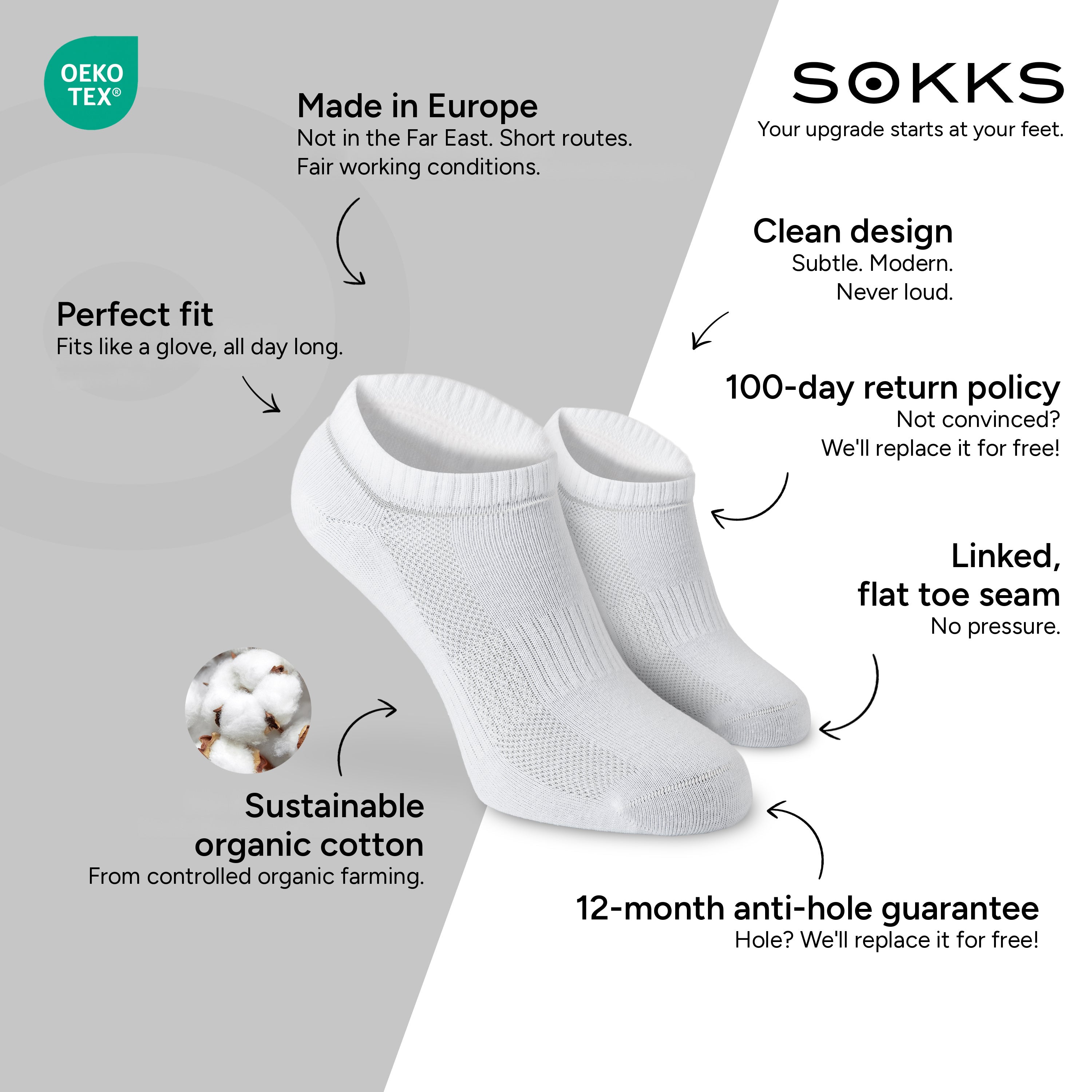 SOKKS Quarter Sneaker Socks White in Cotton — Benefits: Made in Europe, organic cotton, 100-day return policy, 12-month anti-hole guarantee