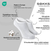 SOKKS Sneakersukat Valkoiset, puuvillaa — Edut: Made in Europe, luomupuuvilla, 100 päivän palautusoikeus, 12 kuukauden takuu reikiä vastaan