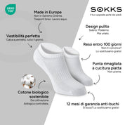 SOKKS Calzini Quarter Bianco in Cotone — Vantaggi: Made in Europe, cotone biologico, reso entro 100 giorni, 12 mesi di garanzia anti-buchi