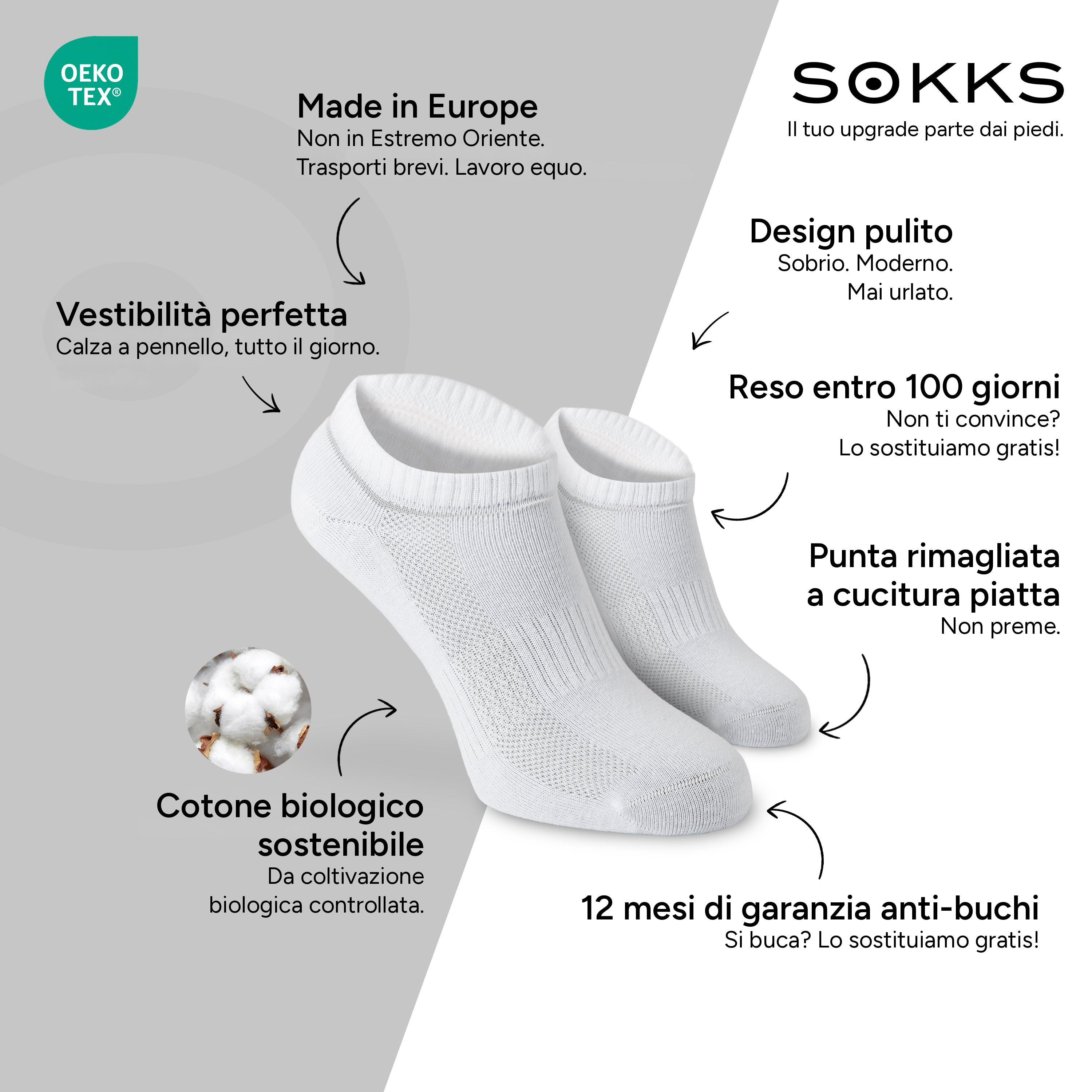 SOKKS Calzini Quarter Bianco in Cotone — Vantaggi: Made in Europe, cotone biologico, reso entro 100 giorni, 12 mesi di garanzia anti-buchi