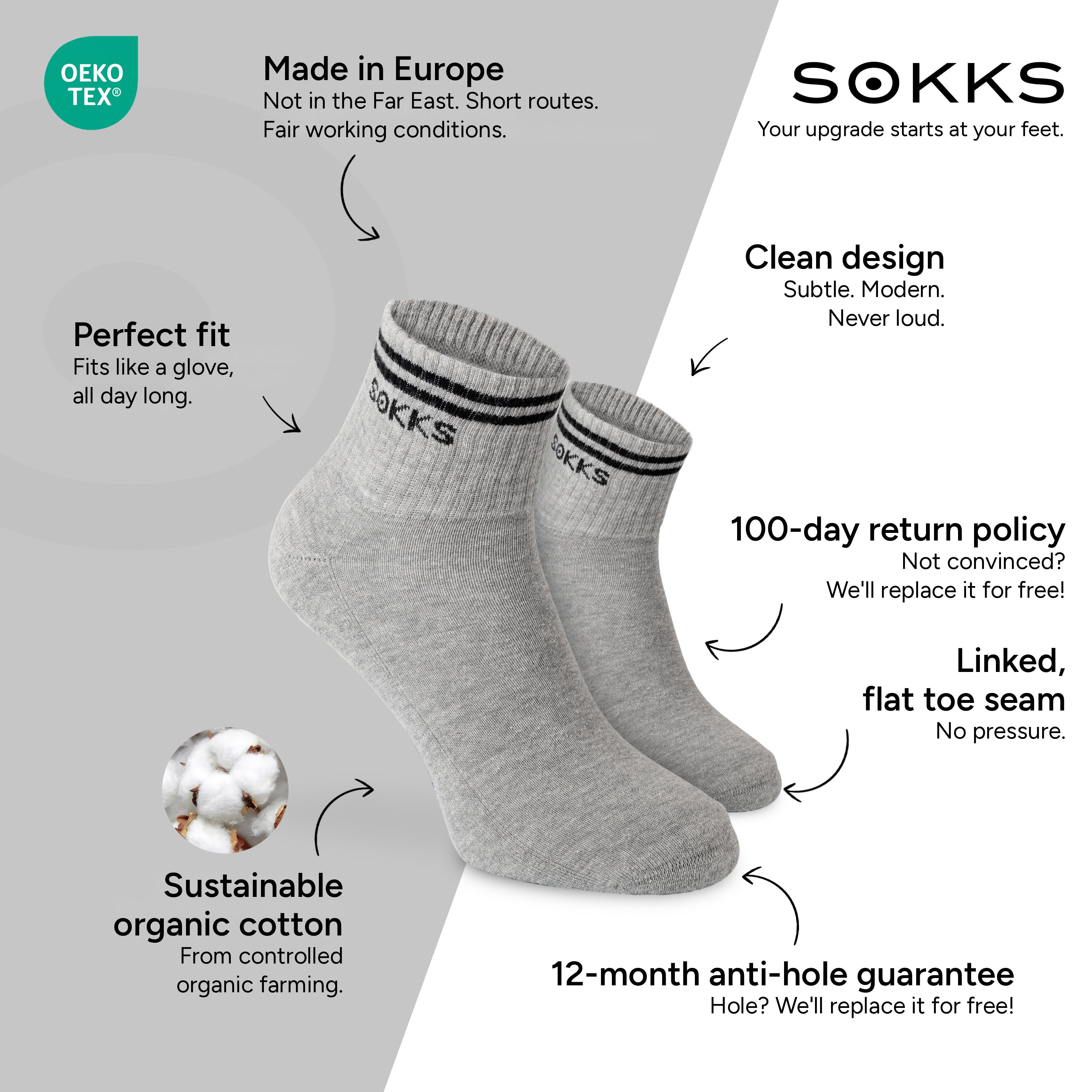 SOKKS Retro Sneaker Socks Grey in Cotton — Benefits: Made in Europe, organic cotton, 100-day return policy, 12-month anti-hole guarantee