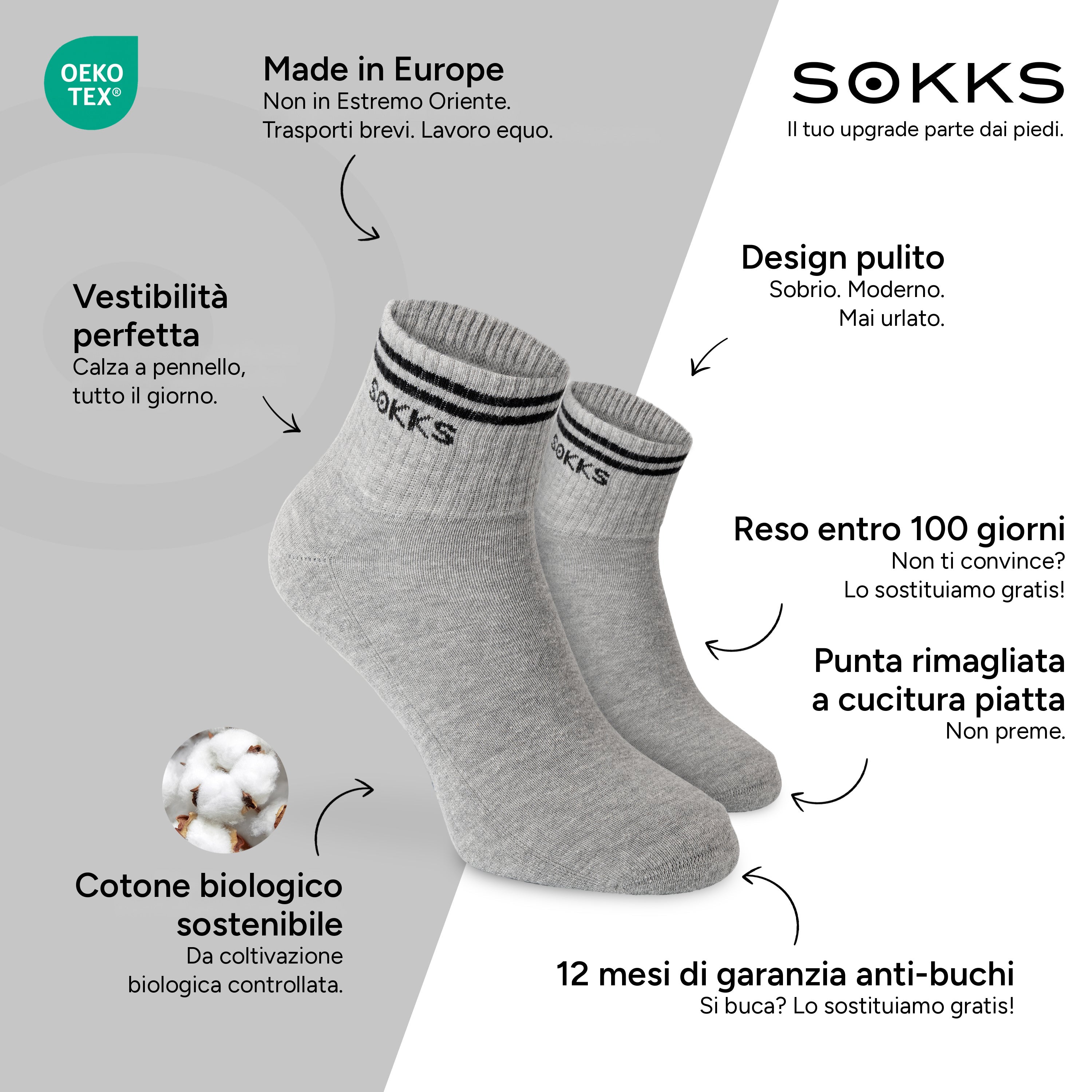 SOKKS Calzini Retro Grigio in Cotone — Vantaggi: Made in Europe, cotone biologico, reso entro 100 giorni, 12 mesi di garanzia anti-buchi