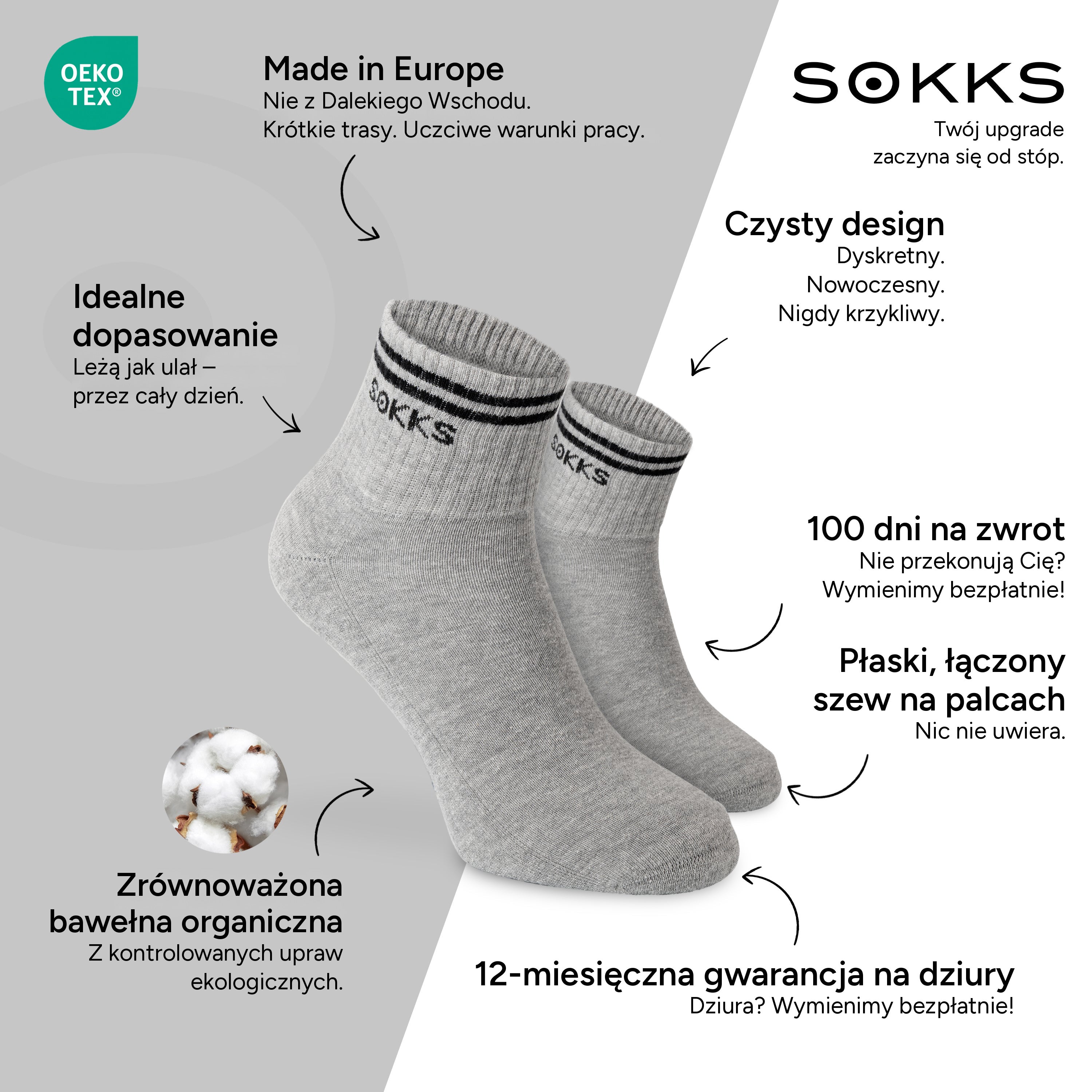 SOKKS Skarpetki Retro Szare z Bawełny — Zalety: Made in Europe, bawełna organiczna, 100 dni na zwrot, 12-miesięczna gwarancja na dziury