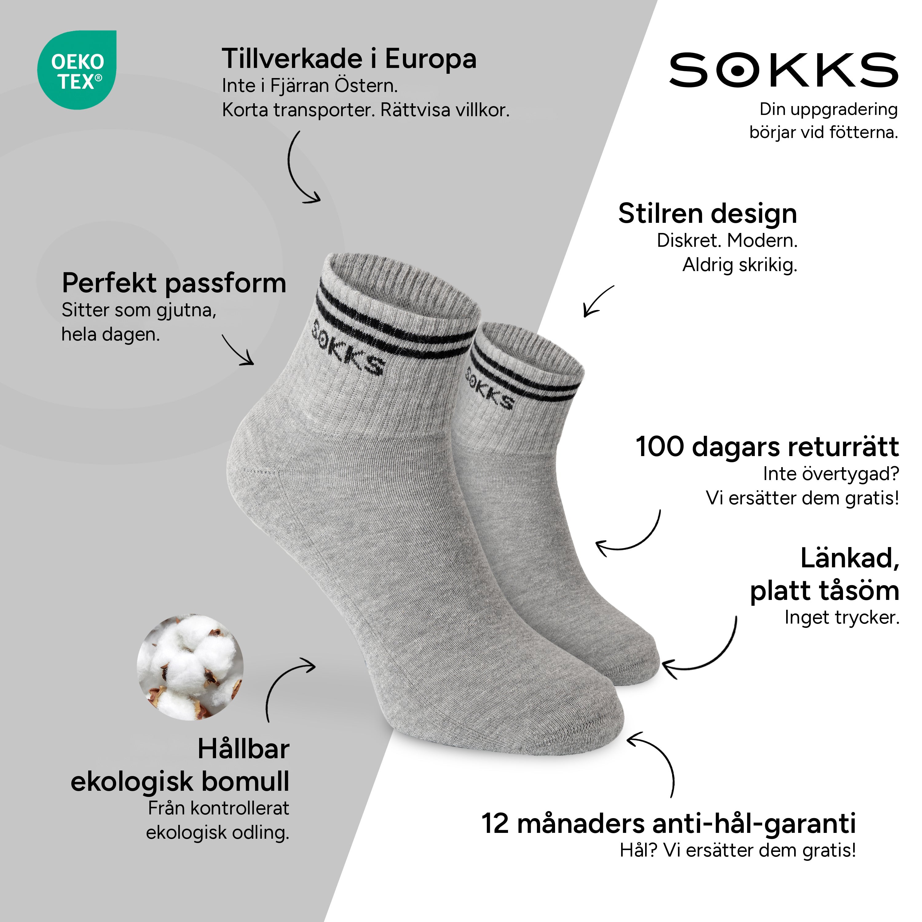 SOKKS Retro Tennisstrumpor Grå i Bomull — Fördelar: Tillverkade i Europa, ekologisk bomull, 100 dagars returrätt, 12 månaders anti-hål-garanti