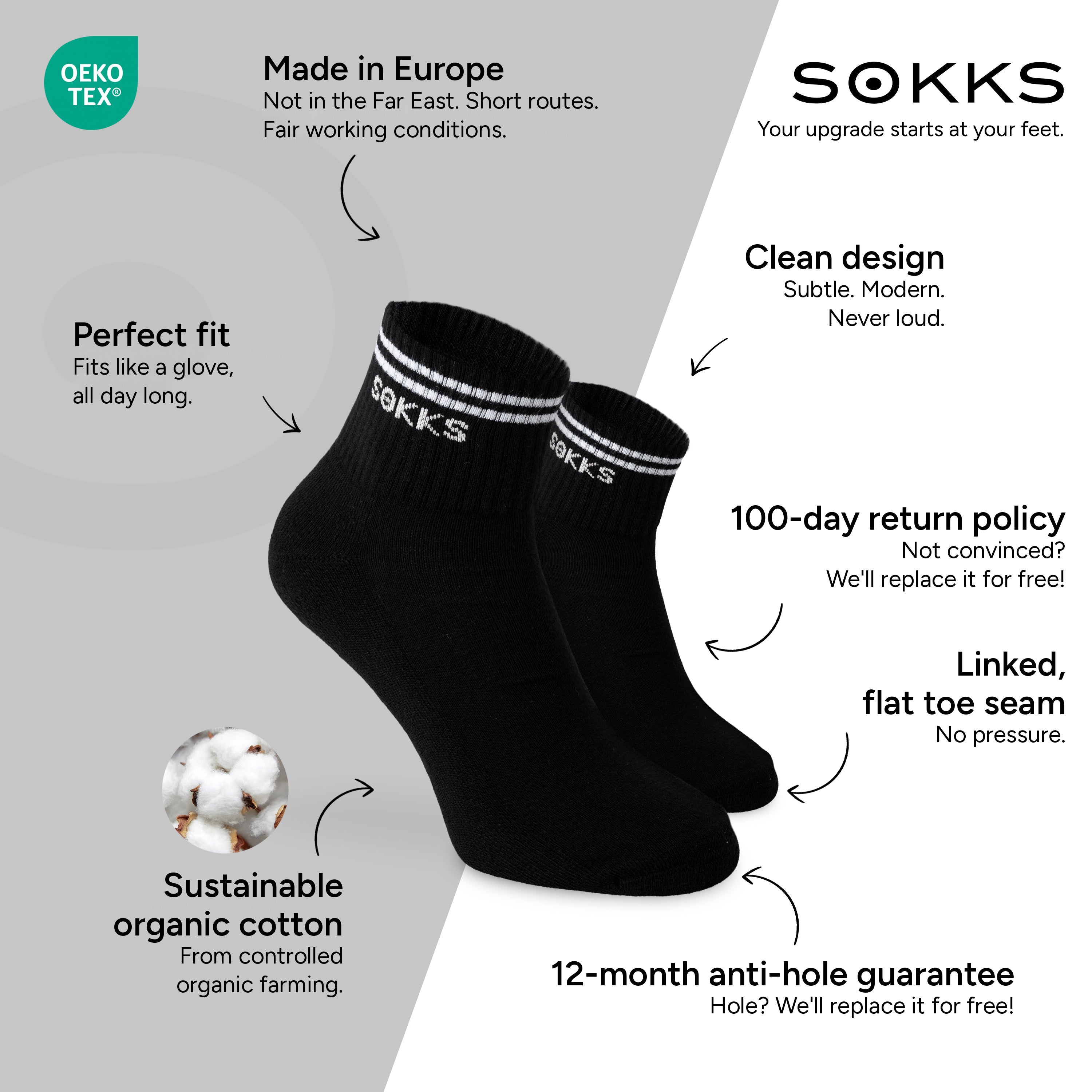 SOKKS Retro Sneaker Socks Black in Cotton — Benefits: Made in Europe, organic cotton, 100-day return policy, 12-month anti-hole guarantee