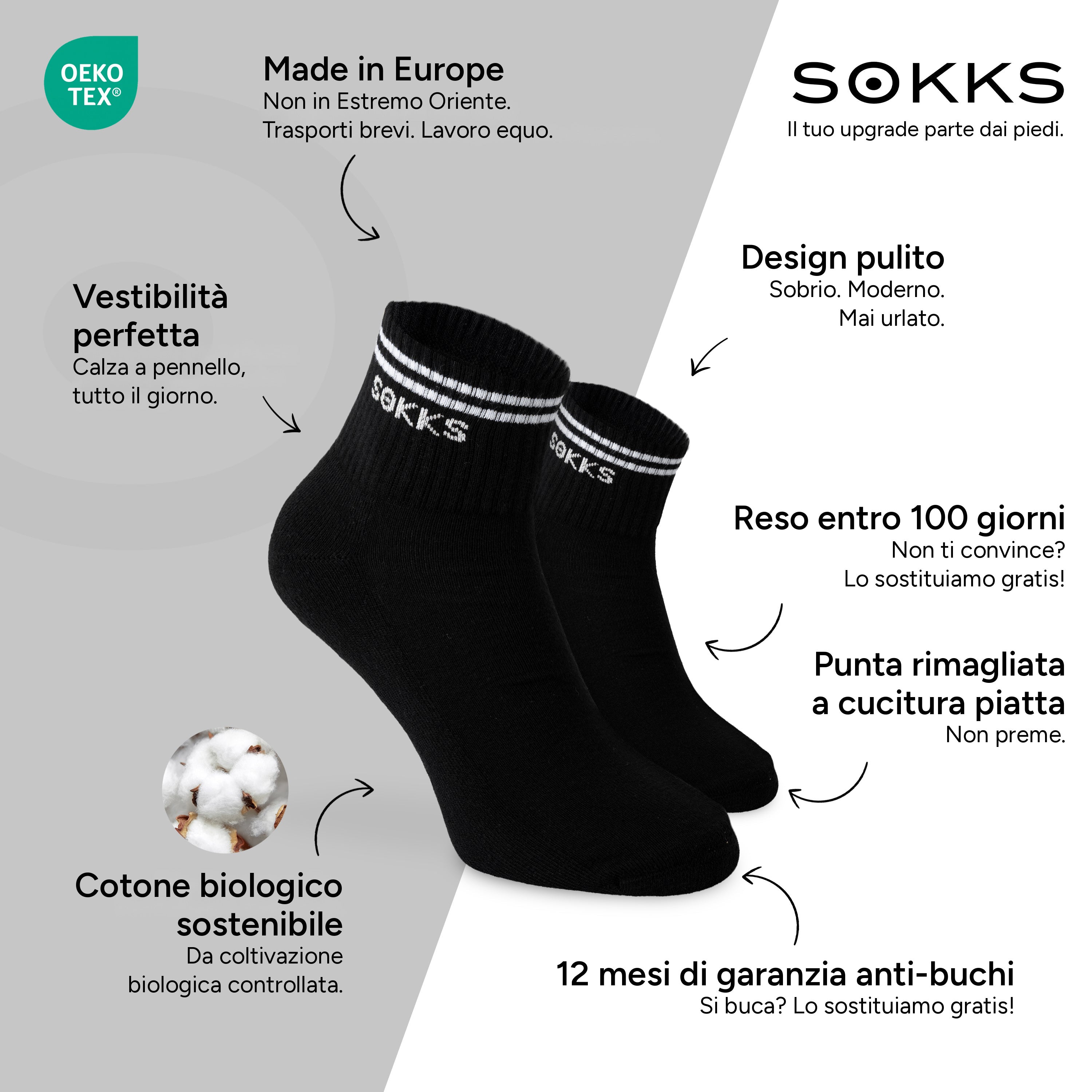 SOKKS Calzini Retro Nero in Cotone — Vantaggi: Made in Europe, cotone biologico, reso entro 100 giorni, 12 mesi di garanzia anti-buchi