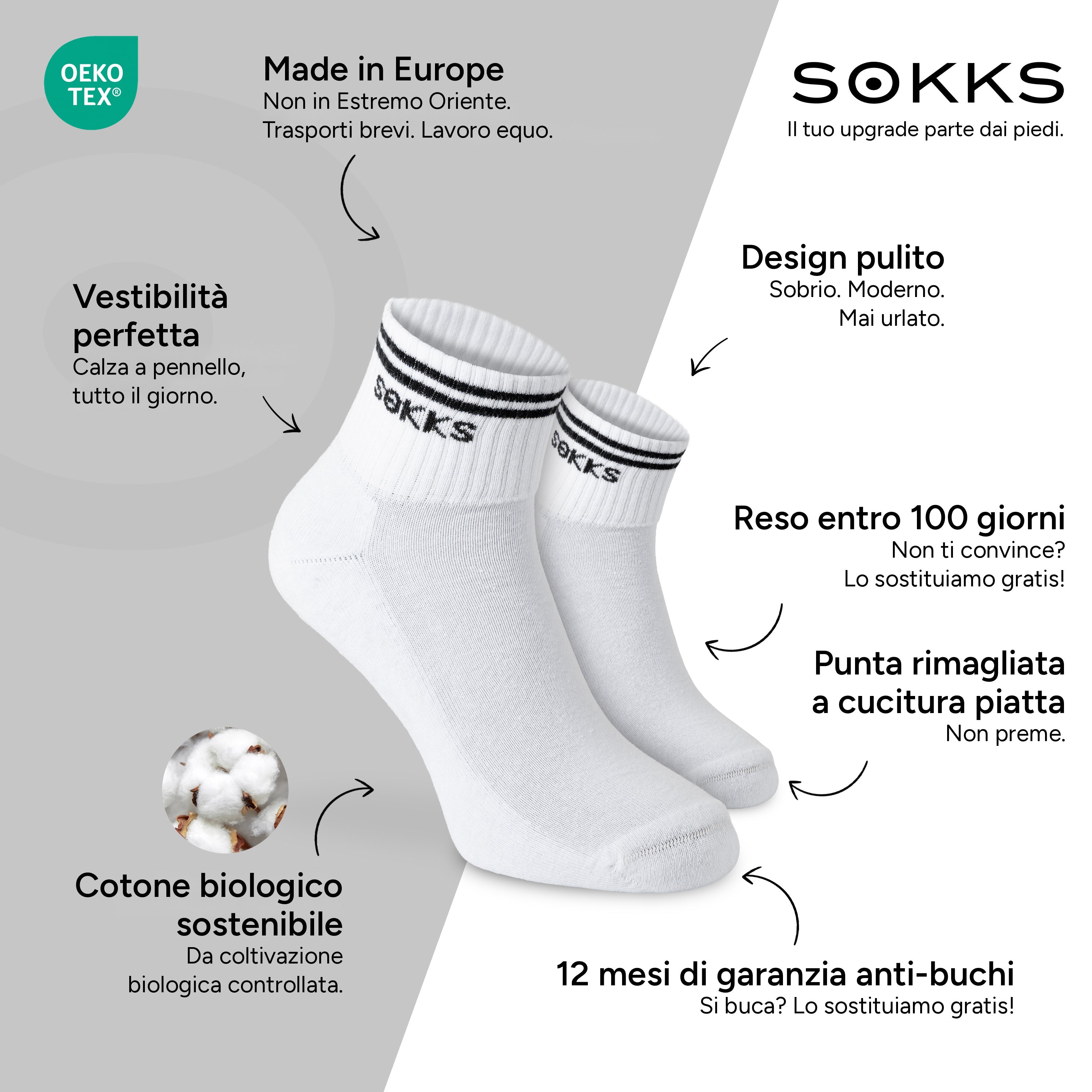 SOKKS Calzini Retro Bianco in Cotone — Vantaggi: Made in Europe, cotone biologico, reso entro 100 giorni, 12 mesi di garanzia anti-buchi