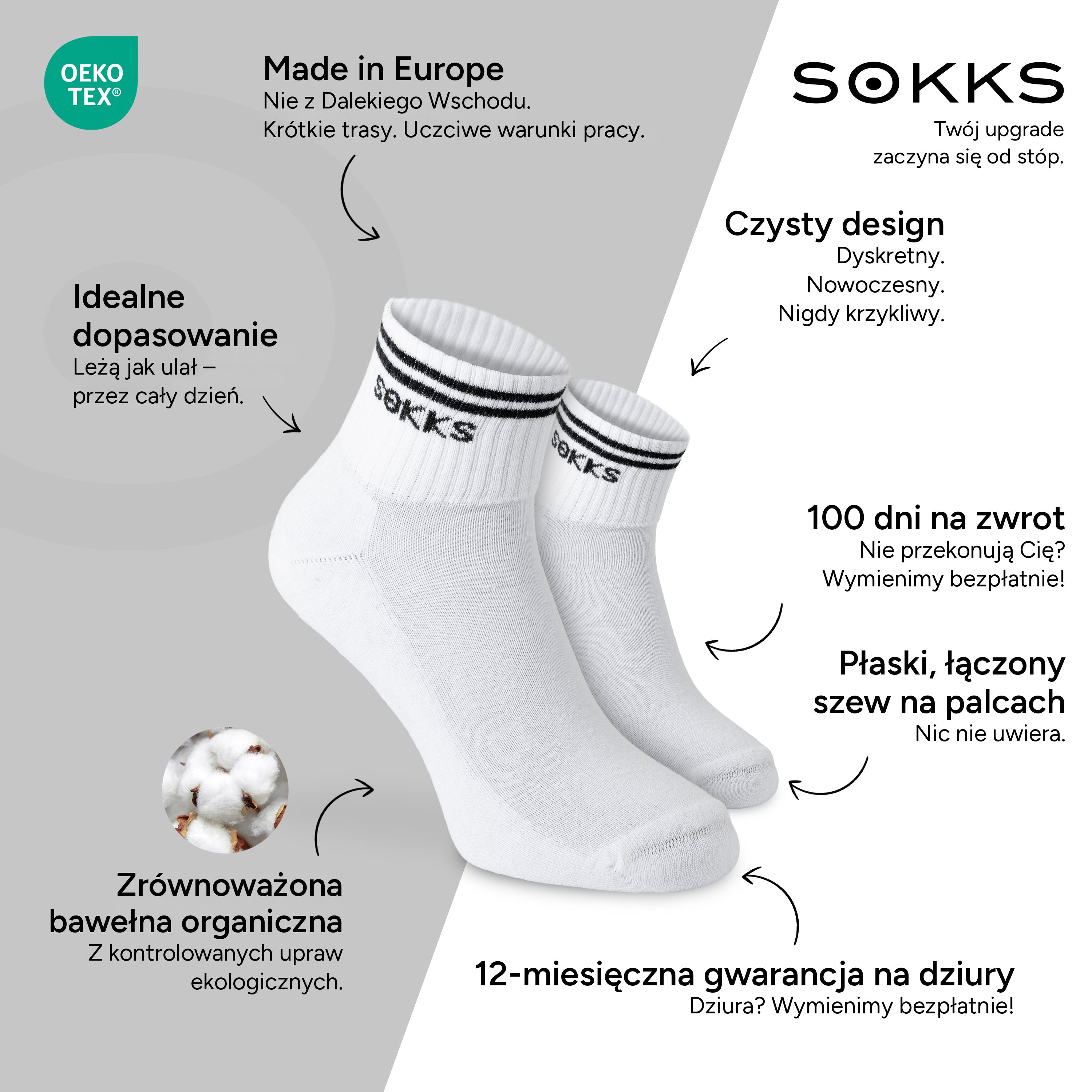 SOKKS Skarpetki Retro Białe z Bawełny — Zalety: Made in Europe, bawełna organiczna, 100 dni na zwrot, 12-miesięczna gwarancja na dziury