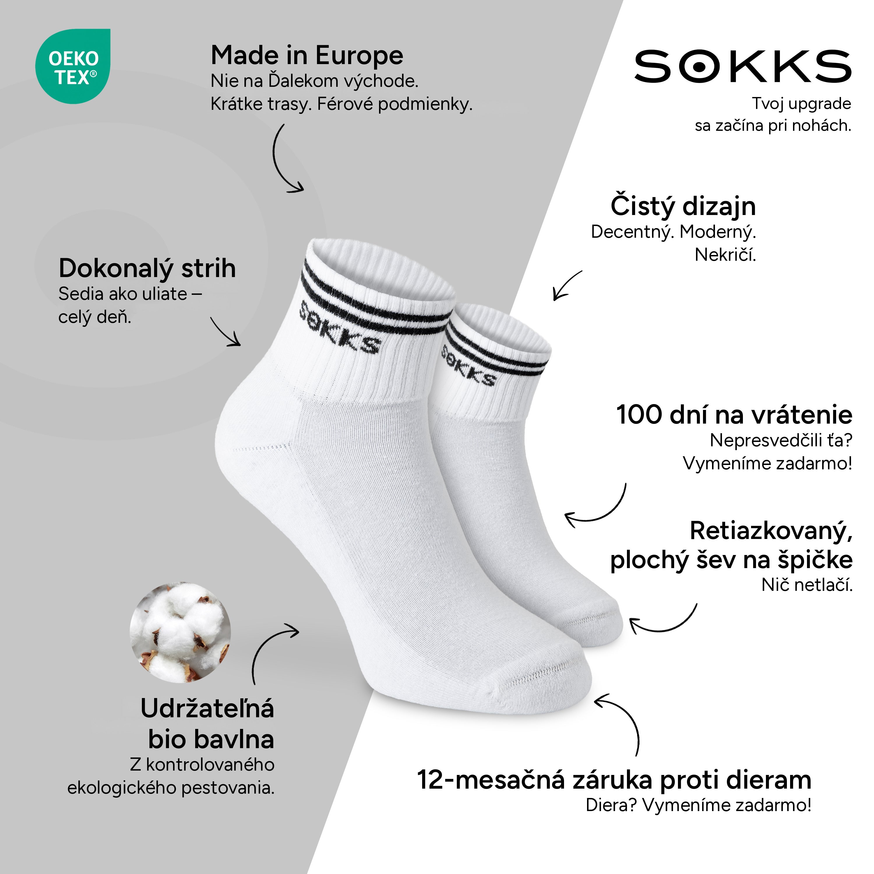 SOKKS Retro ponožky Biele z bavlny — Výhody: Made in Europe, bio bavlna, 100 dní na vrátenie, 12-mesačná záruka proti dieram
