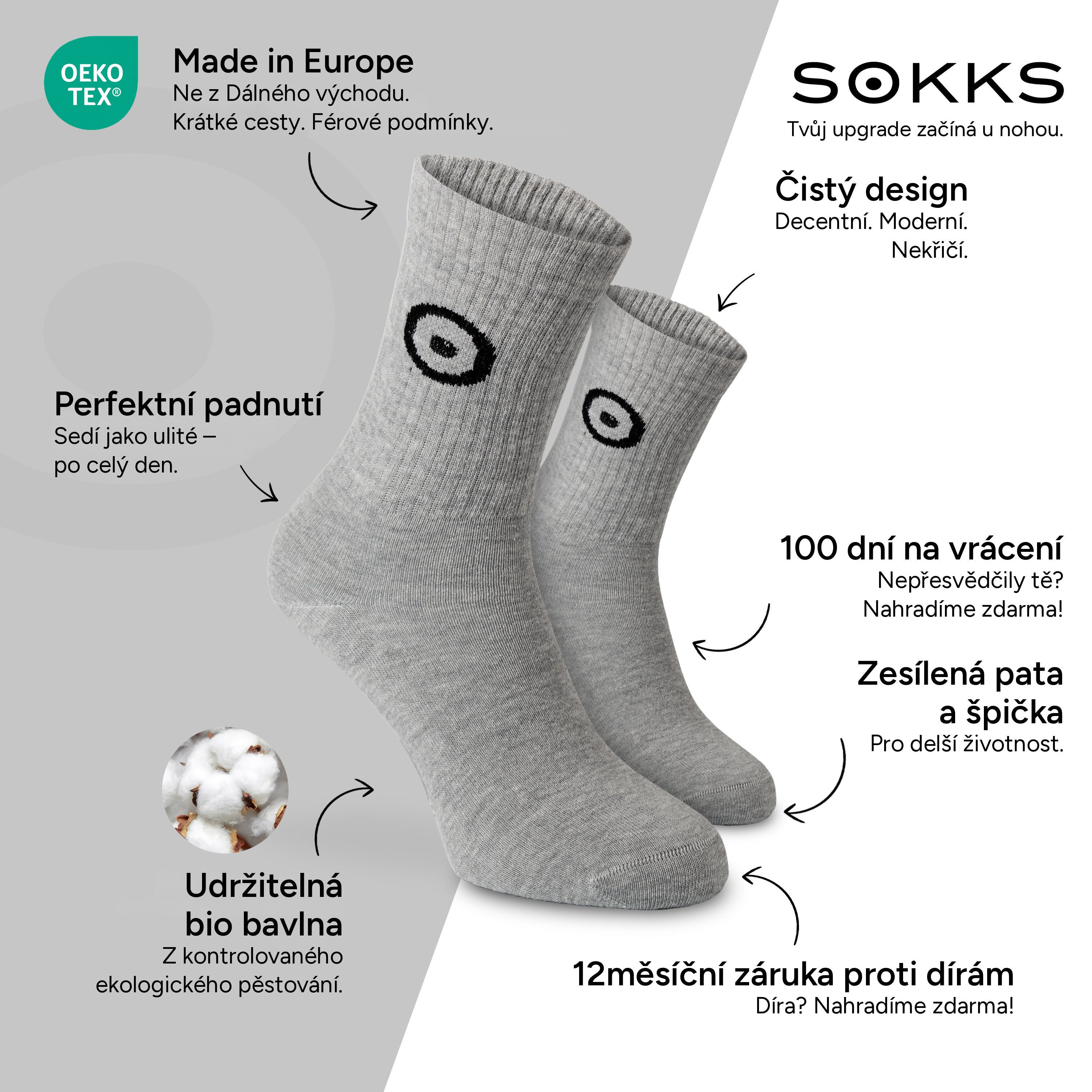 SOKKS Sportovní ponožky Šedé s logem z bavlny — Výhody: Made in Europe, bio bavlna, 100 dní na vrácení, 12měsíční záruka proti dírám