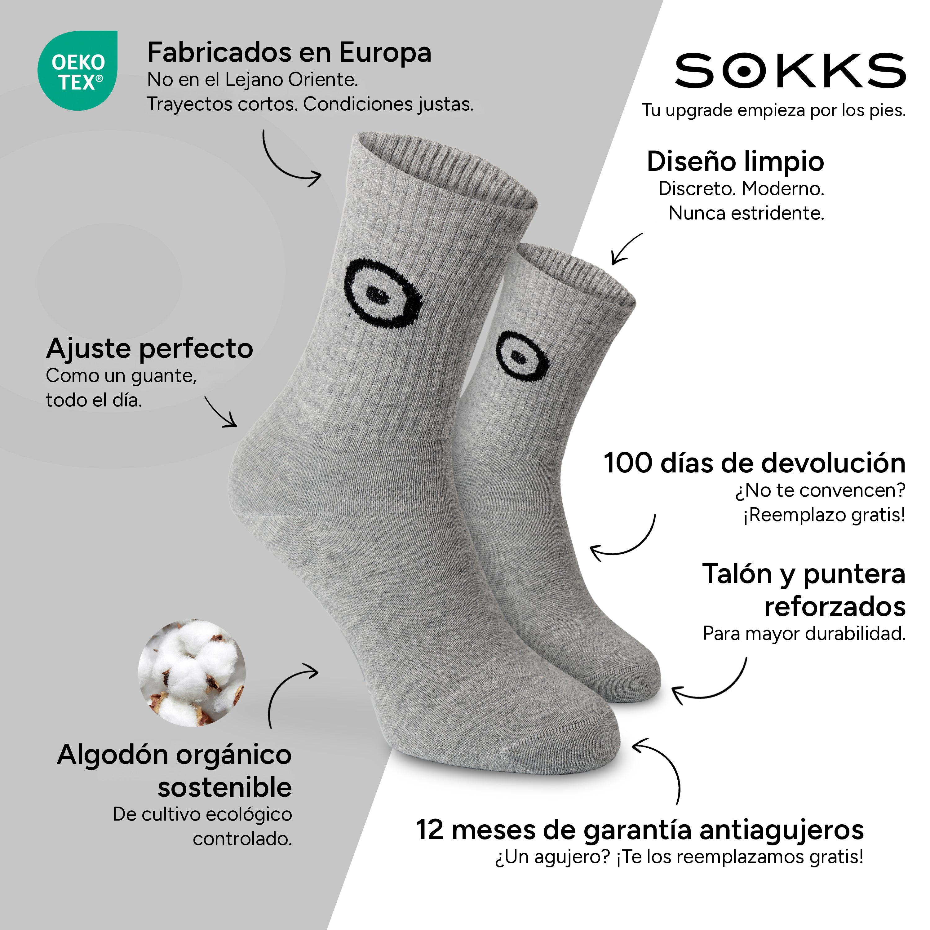 SOKKS Calcetines Deportivos Gris con Logo de Algodón — Ventajas: Fabricados en Europa, algodón orgánico, 100 días de devolución, 12 meses de garantía antiagujeros