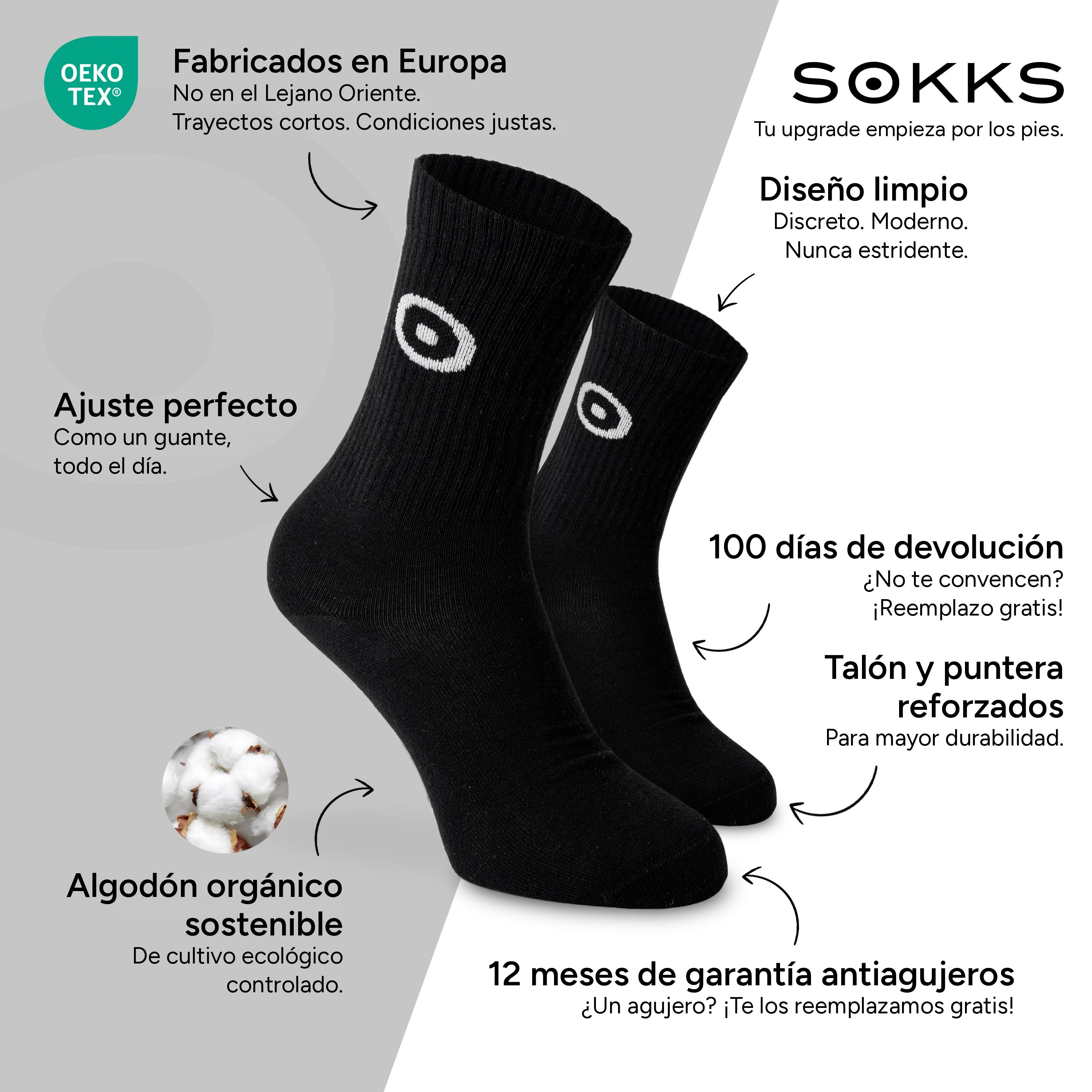 SOKKS Calcetines Deportivos Negro con Logo de Algodón — Ventajas: Fabricados en Europa, algodón orgánico, 100 días de devolución, 12 meses de garantía antiagujeros