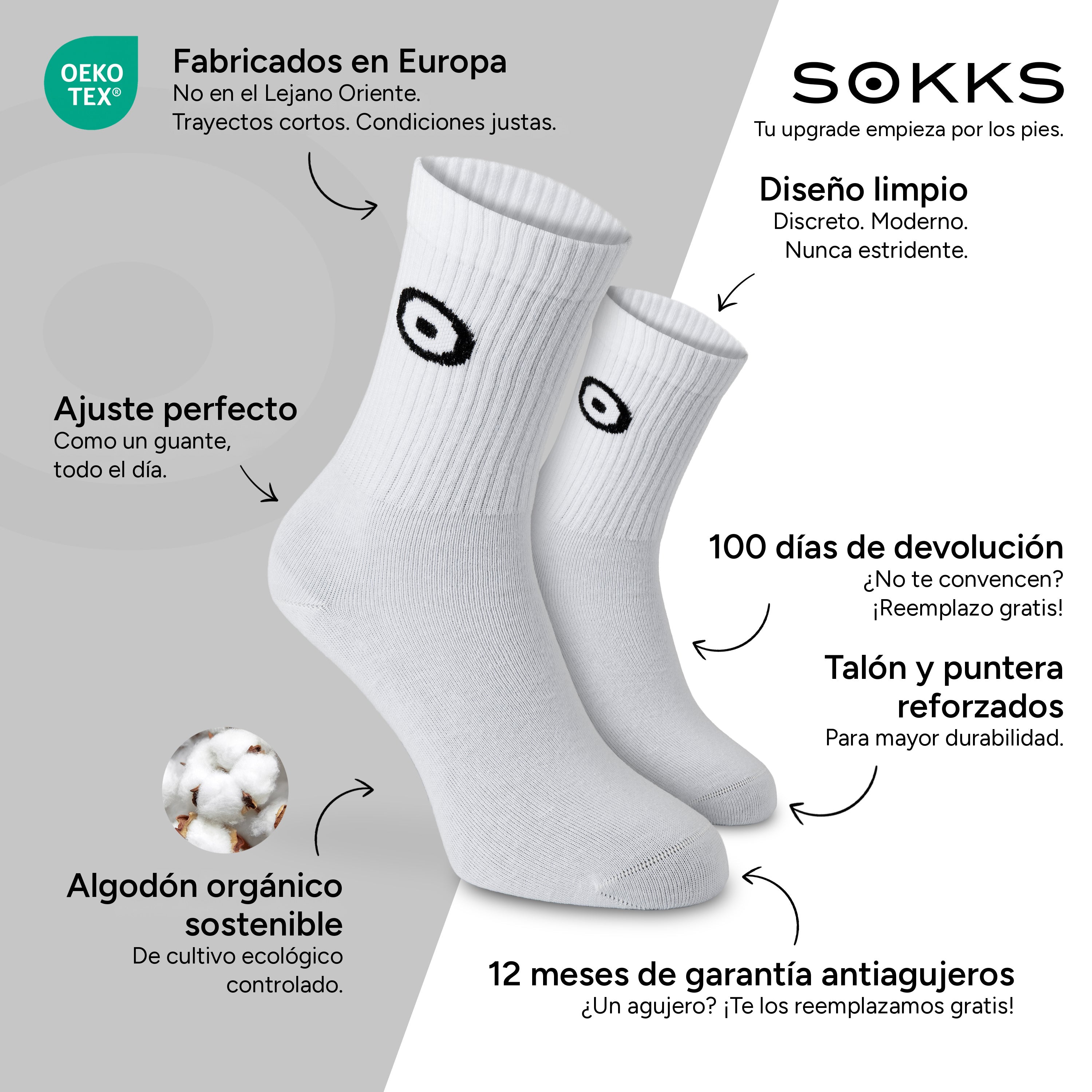 SOKKS Calcetines Deportivos Blanco con Logo de Algodón — Ventajas: Fabricados en Europa, algodón orgánico, 100 días de devolución, 12 meses de garantía antiagujeros