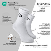 SOKKS Urheilusukat Valkoiset logolla, puuvillaa — Edut: Made in Europe, luomupuuvilla, 100 päivän palautusoikeus, 12 kuukauden takuu reikiä vastaan
