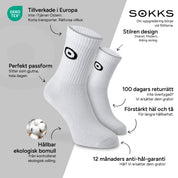 SOKKS Sportstrumpor Vit med Logotyp i Bomull — Fördelar: Tillverkade i Europa, ekologisk bomull, 100 dagars returrätt, 12 månaders anti-hål-garanti