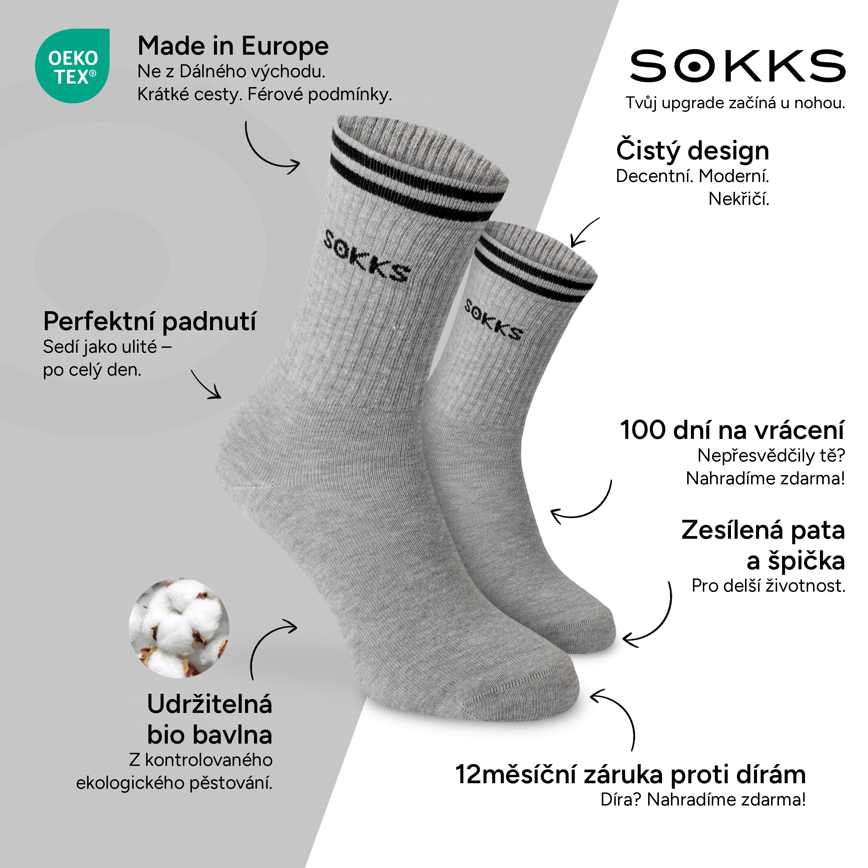 SOKKS Sportovní ponožky Šedé s nápisem z bavlny — Výhody: Made in Europe, bio bavlna, 100 dní na vrácení, 12měsíční záruka proti dírám