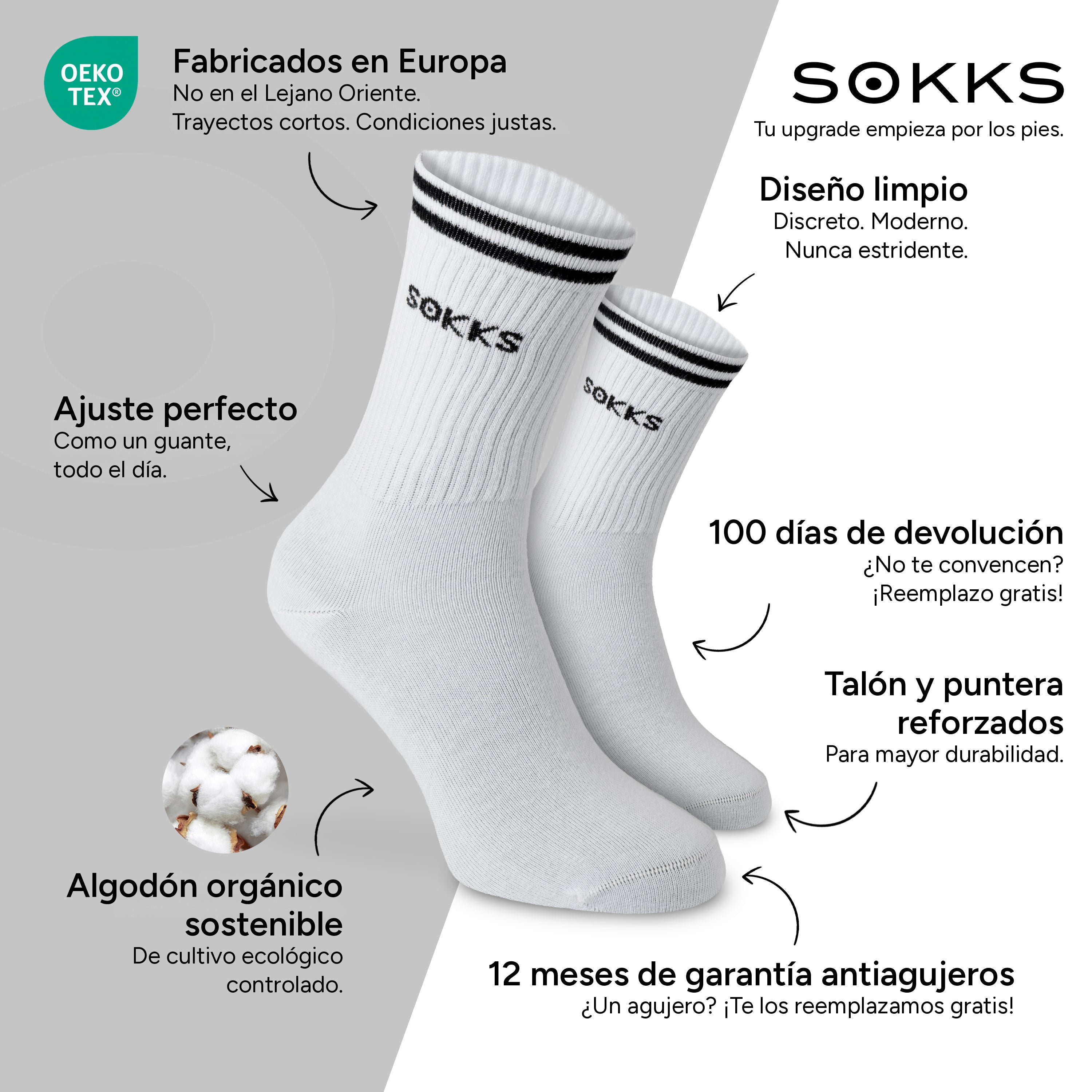 SOKKS Calcetines Deportivos Blanco con Letras de Algodón — Ventajas: Fabricados en Europa, algodón orgánico, 100 días de devolución, 12 meses de garantía antiagujeros
