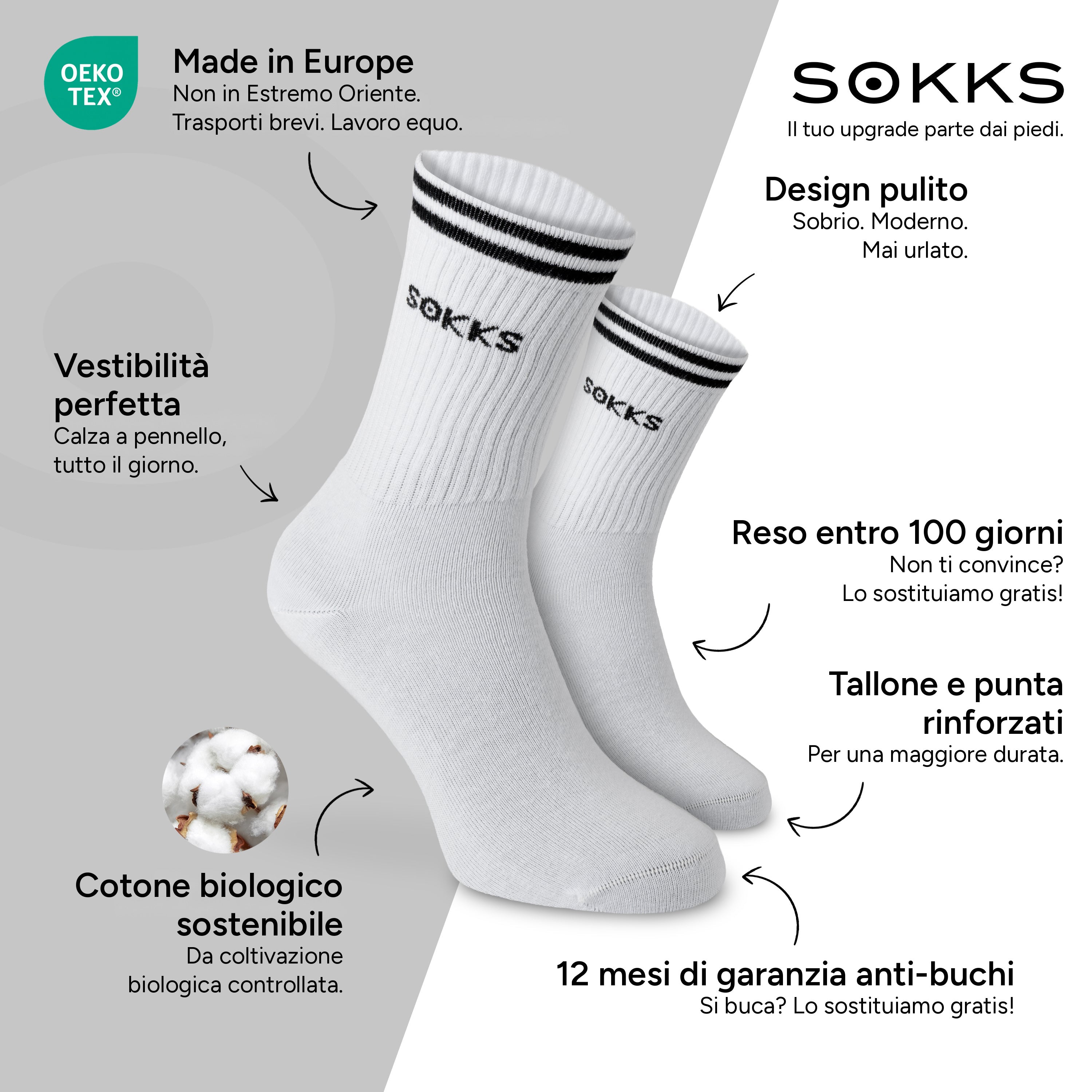 SOKKS Calzini Sportivi Scritta Bianco in Cotone — Vantaggi: Made in Europe, cotone biologico, reso entro 100 giorni, 12 mesi di garanzia anti-buchi