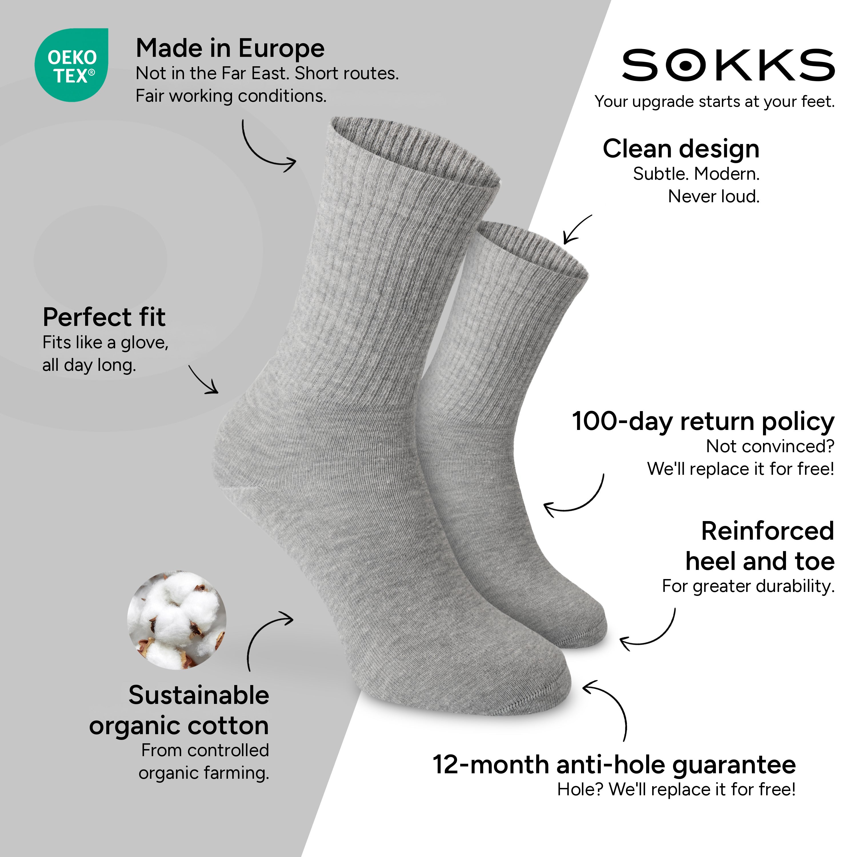 SOKKS Crew Tennis Socks Grey in Cotton — Benefits: Made in Europe, organic cotton, 100-day return policy, 12-month anti-hole guarantee