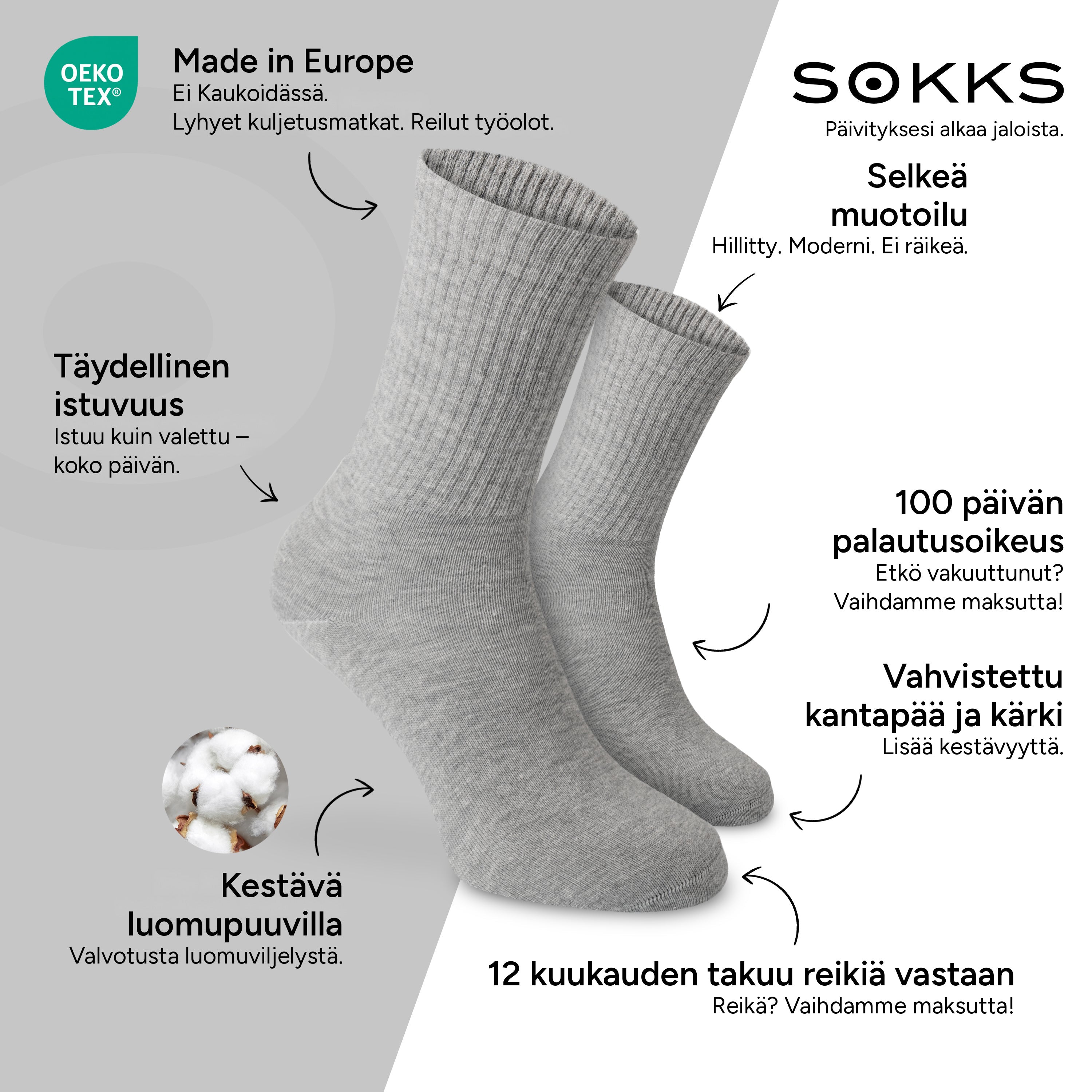 SOKKS Korkeat tennissukat Harmaat, puuvillaa — Edut: Made in Europe, luomupuuvilla, 100 päivän palautusoikeus, 12 kuukauden takuu reikiä vastaan