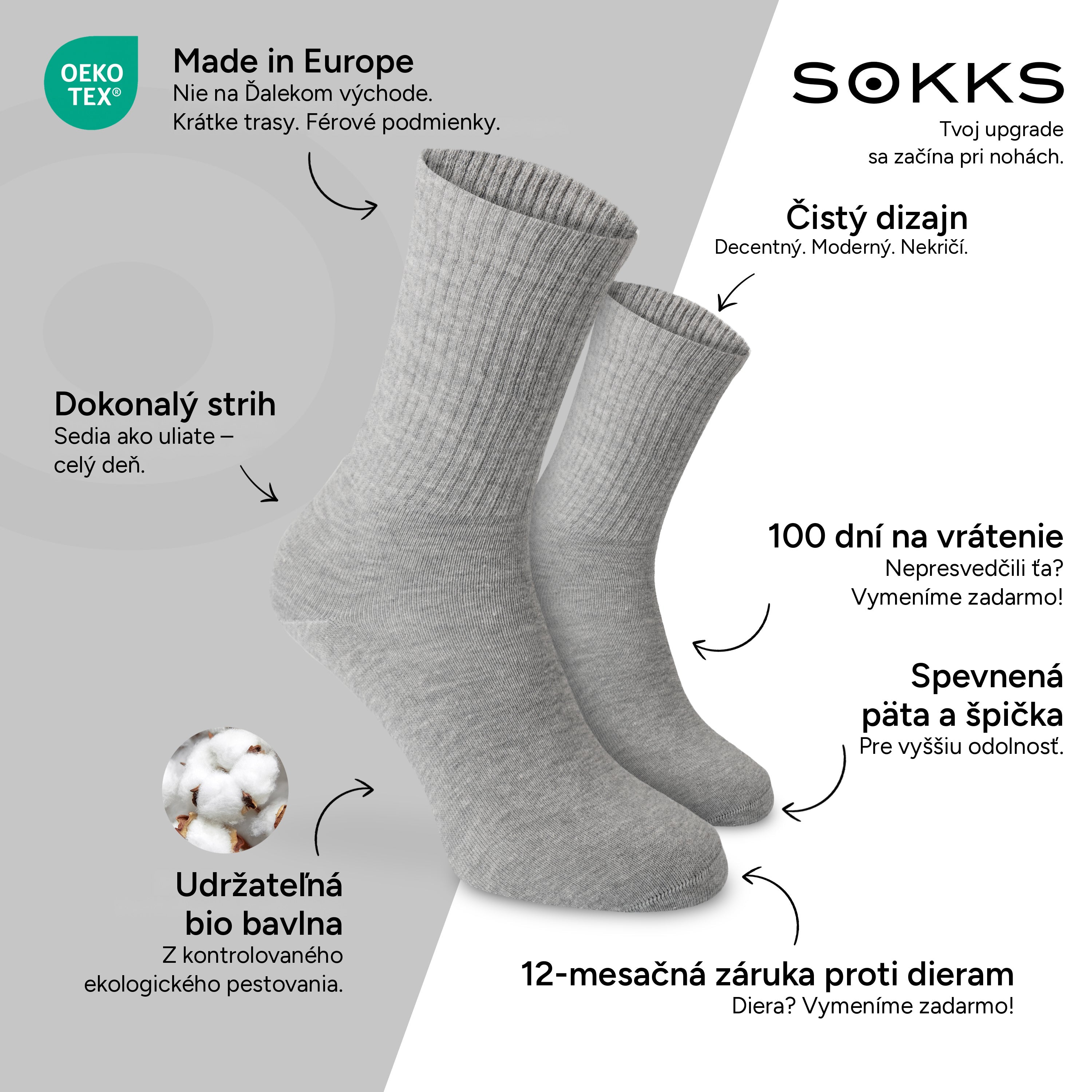 SOKKS Vysoké tenisové ponožky Sivé z bavlny — Výhody: Made in Europe, bio bavlna, 100 dní na vrátenie, 12-mesačná záruka proti dieram