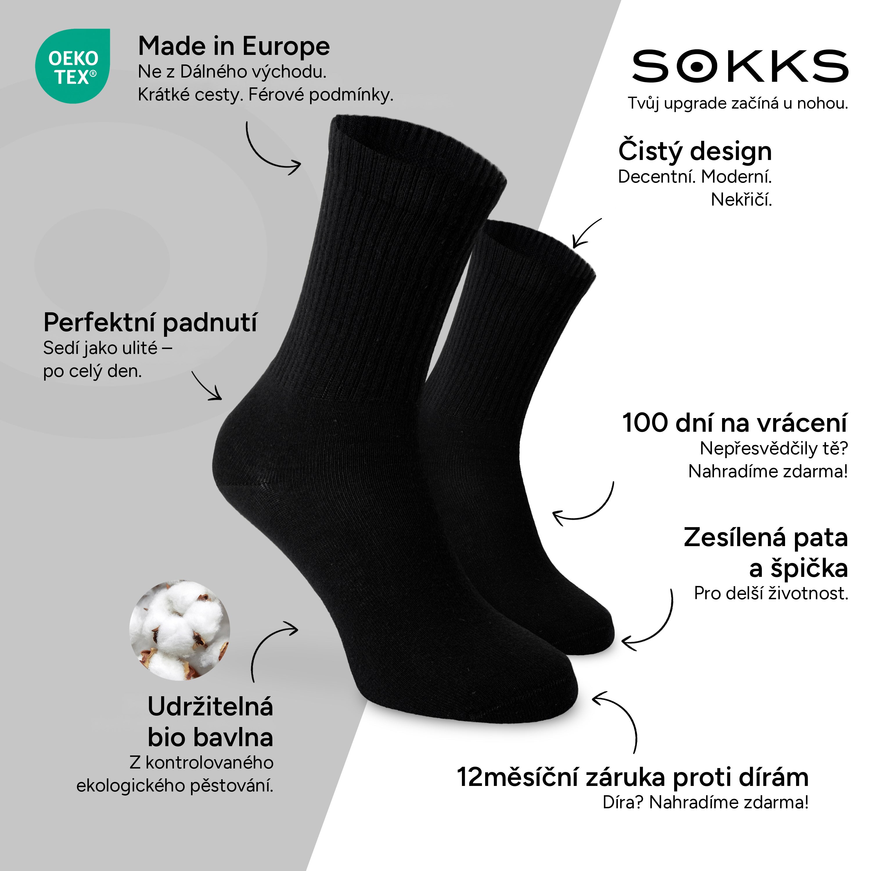 SOKKS Vysoké tenisové ponožky Černé z bavlny — Výhody: Made in Europe, bio bavlna, 100 dní na vrácení, 12měsíční záruka proti dírám