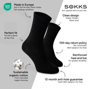 SOKKS Crew Tennis Socks Black in Cotton — Benefits: Made in Europe, organic cotton, 100-day return policy, 12-month anti-hole guarantee