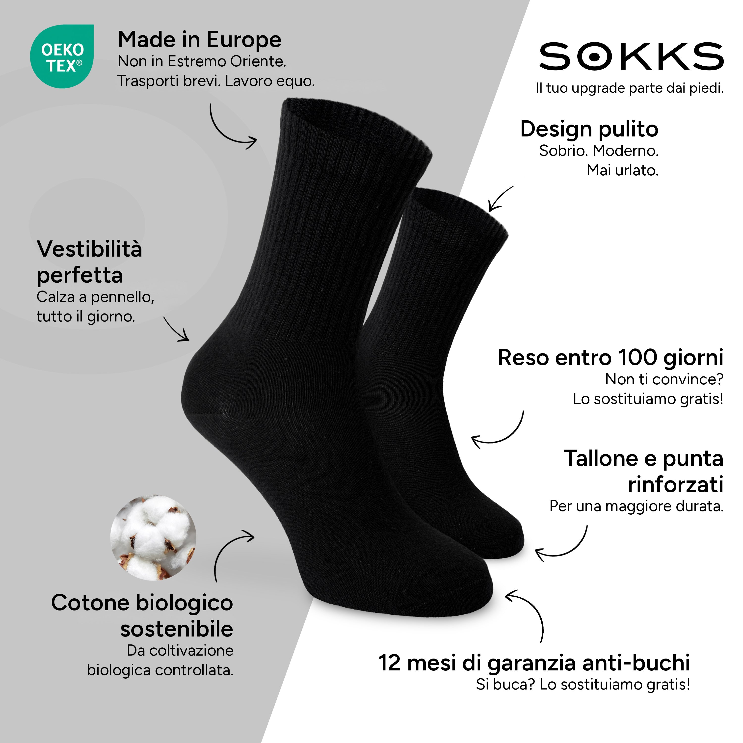 SOKKS Calze da Tennis Alte Nero in Cotone — Vantaggi: Made in Europe, cotone biologico, reso entro 100 giorni, 12 mesi di garanzia anti-buchi
