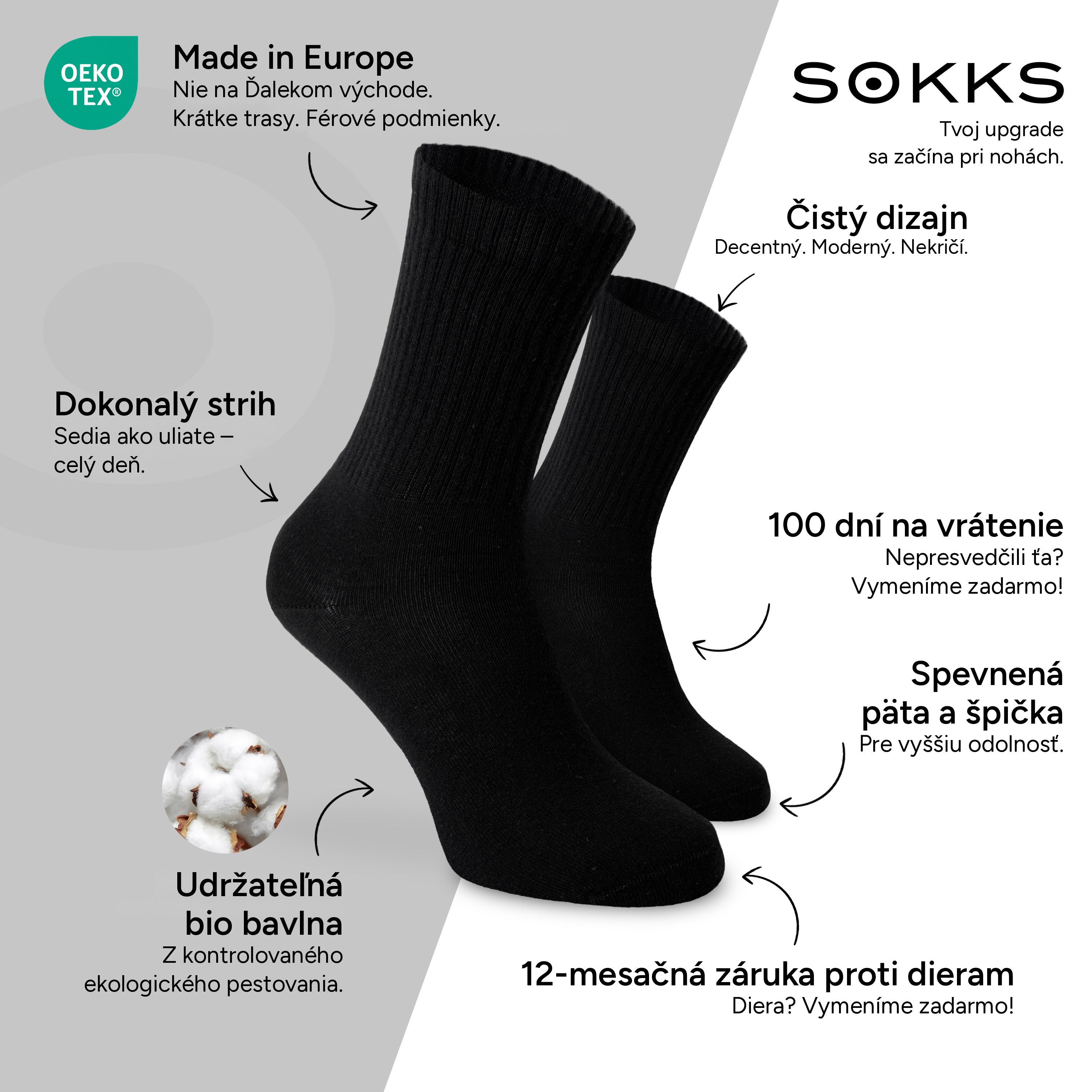 SOKKS Vysoké tenisové ponožky Čierne z bavlny — Výhody: Made in Europe, bio bavlna, 100 dní na vrátenie, 12-mesačná záruka proti dieram