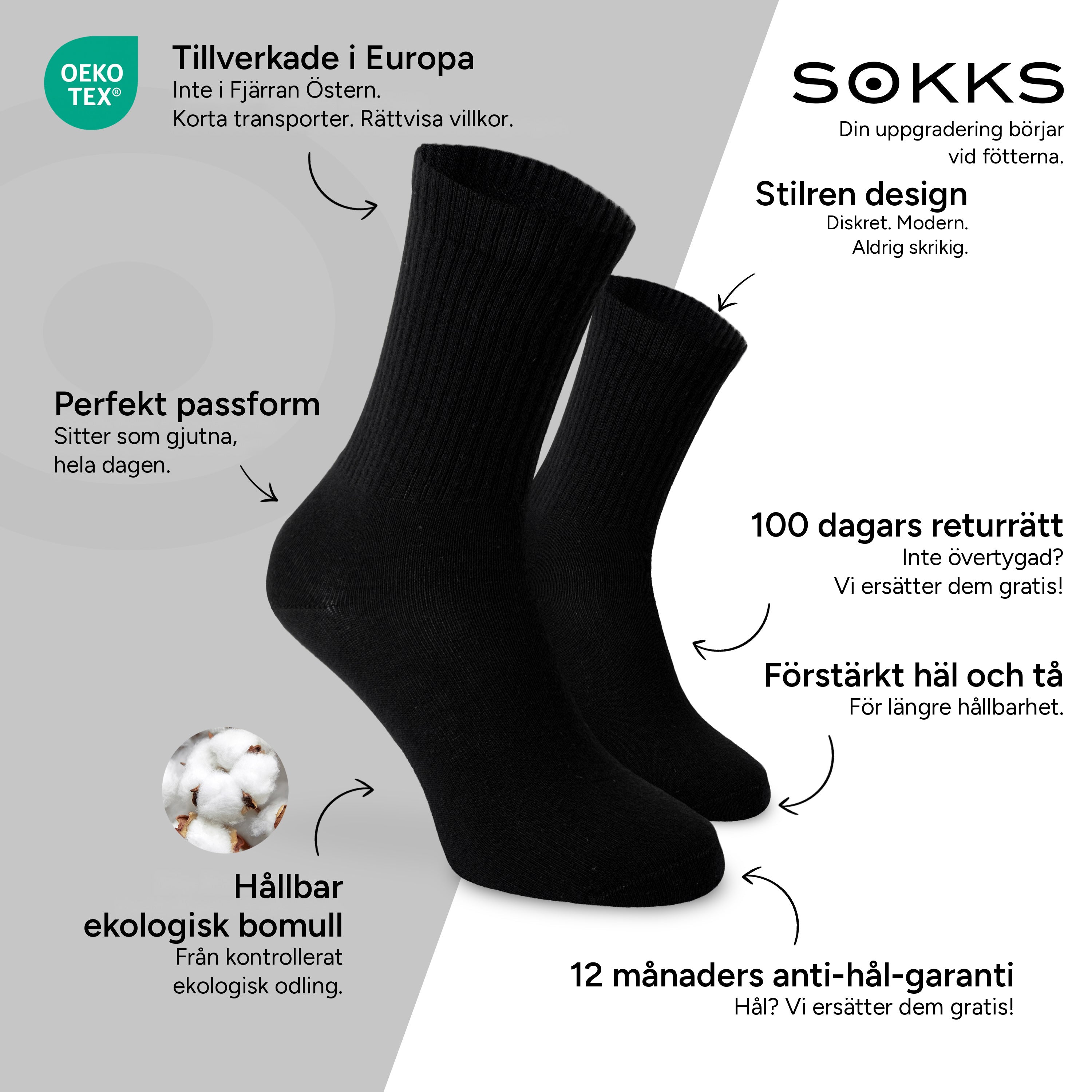SOKKS Höga Tennisstrumpor Svart i Bomull — Fördelar: Tillverkade i Europa, ekologisk bomull, 100 dagars returrätt, 12 månaders anti-hål-garanti