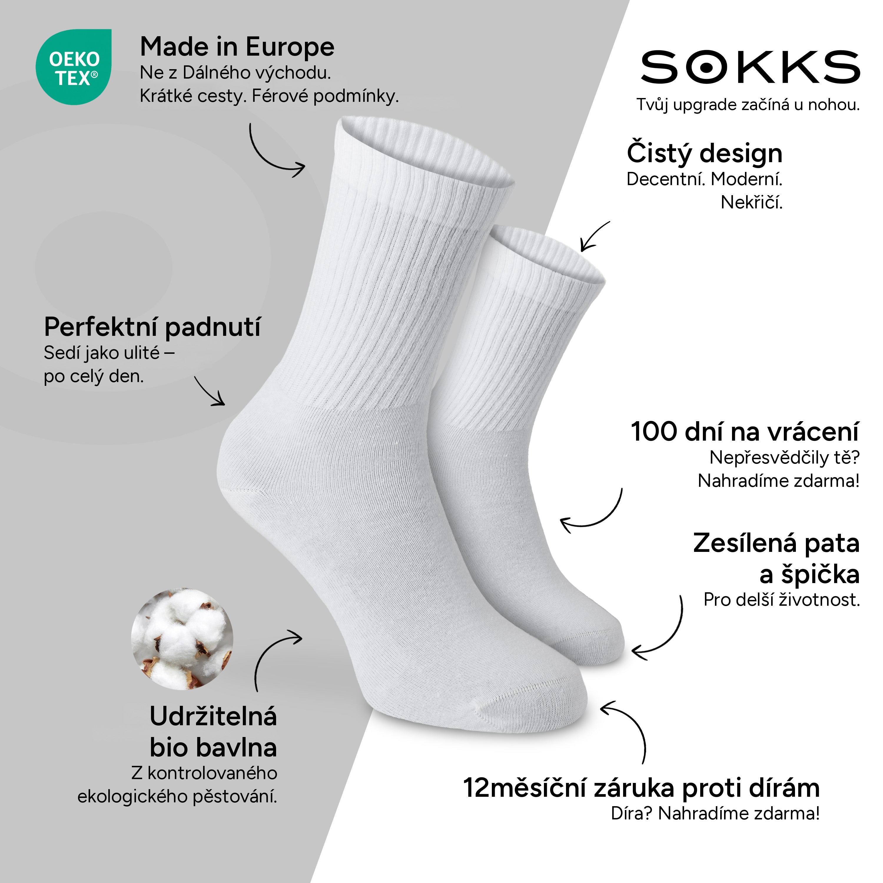 SOKKS Vysoké tenisové ponožky Bílé z bavlny — Výhody: Made in Europe, bio bavlna, 100 dní na vrácení, 12měsíční záruka proti dírám
