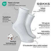 SOKKS Korkeat tennissukat Valkoiset, puuvillaa — Edut: Made in Europe, luomupuuvilla, 100 päivän palautusoikeus, 12 kuukauden takuu reikiä vastaan