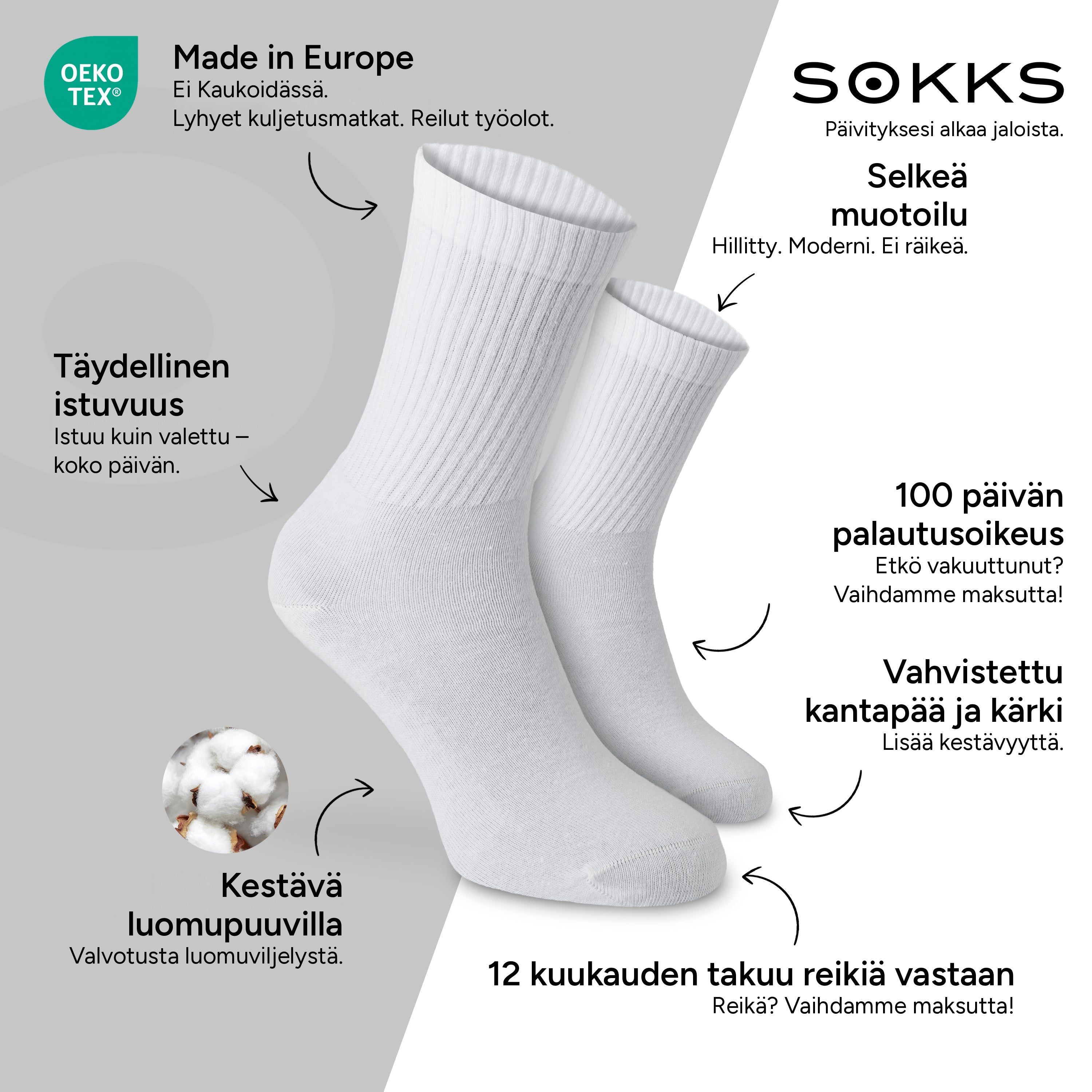 SOKKS Korkeat tennissukat Valkoiset, puuvillaa — Edut: Made in Europe, luomupuuvilla, 100 päivän palautusoikeus, 12 kuukauden takuu reikiä vastaan
