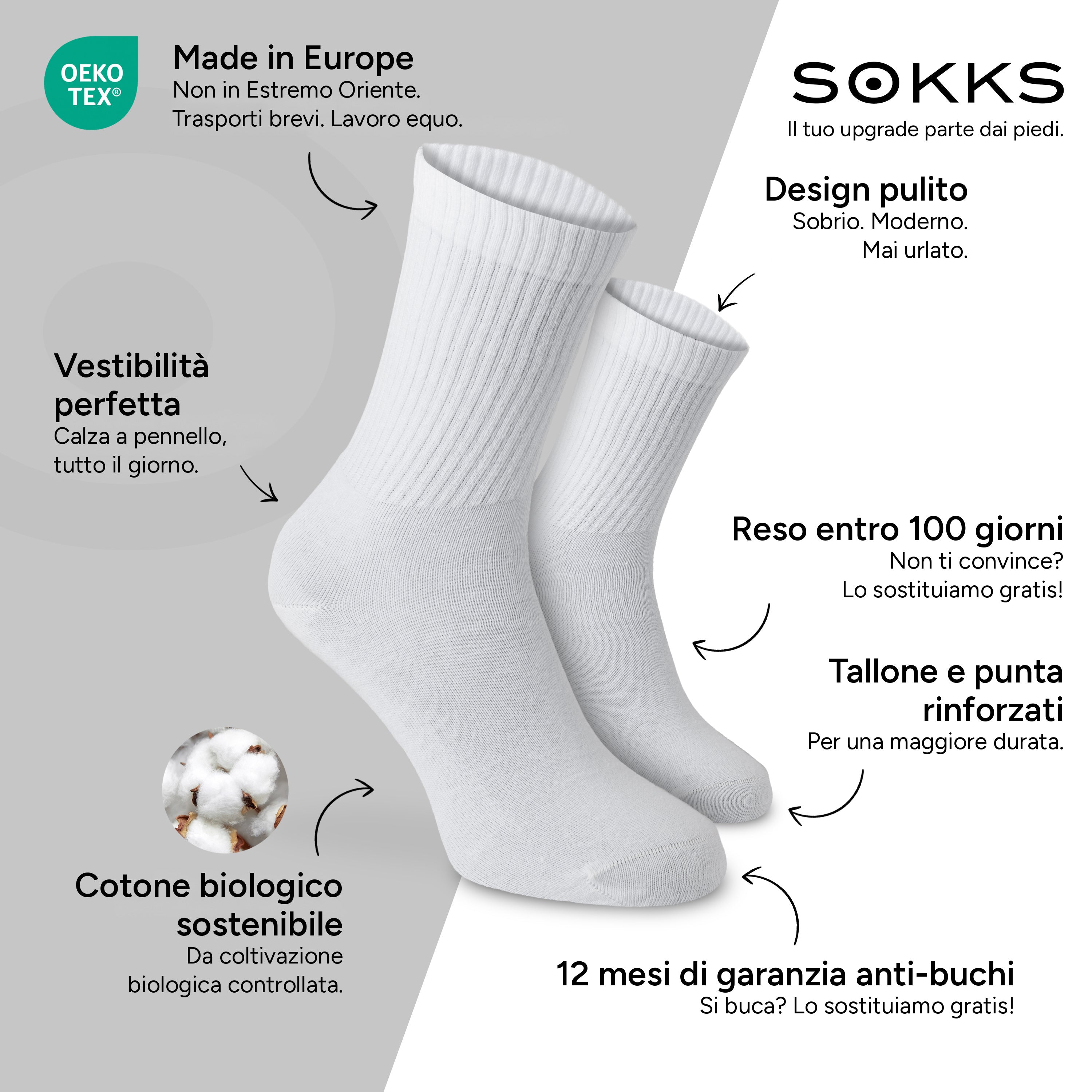 SOKKS Calze da Tennis Alte Bianco in Cotone — Vantaggi: Made in Europe, cotone biologico, reso entro 100 giorni, 12 mesi di garanzia anti-buchi
