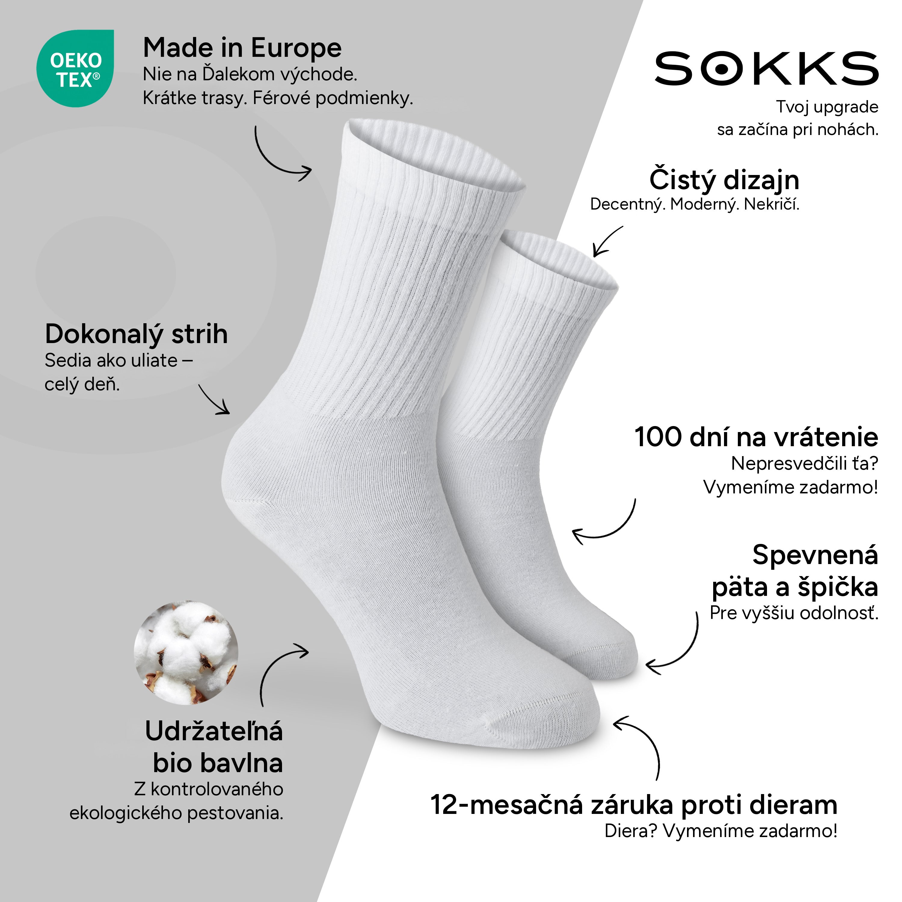 SOKKS Vysoké tenisové ponožky Biele z bavlny — Výhody: Made in Europe, bio bavlna, 100 dní na vrátenie, 12-mesačná záruka proti dieram