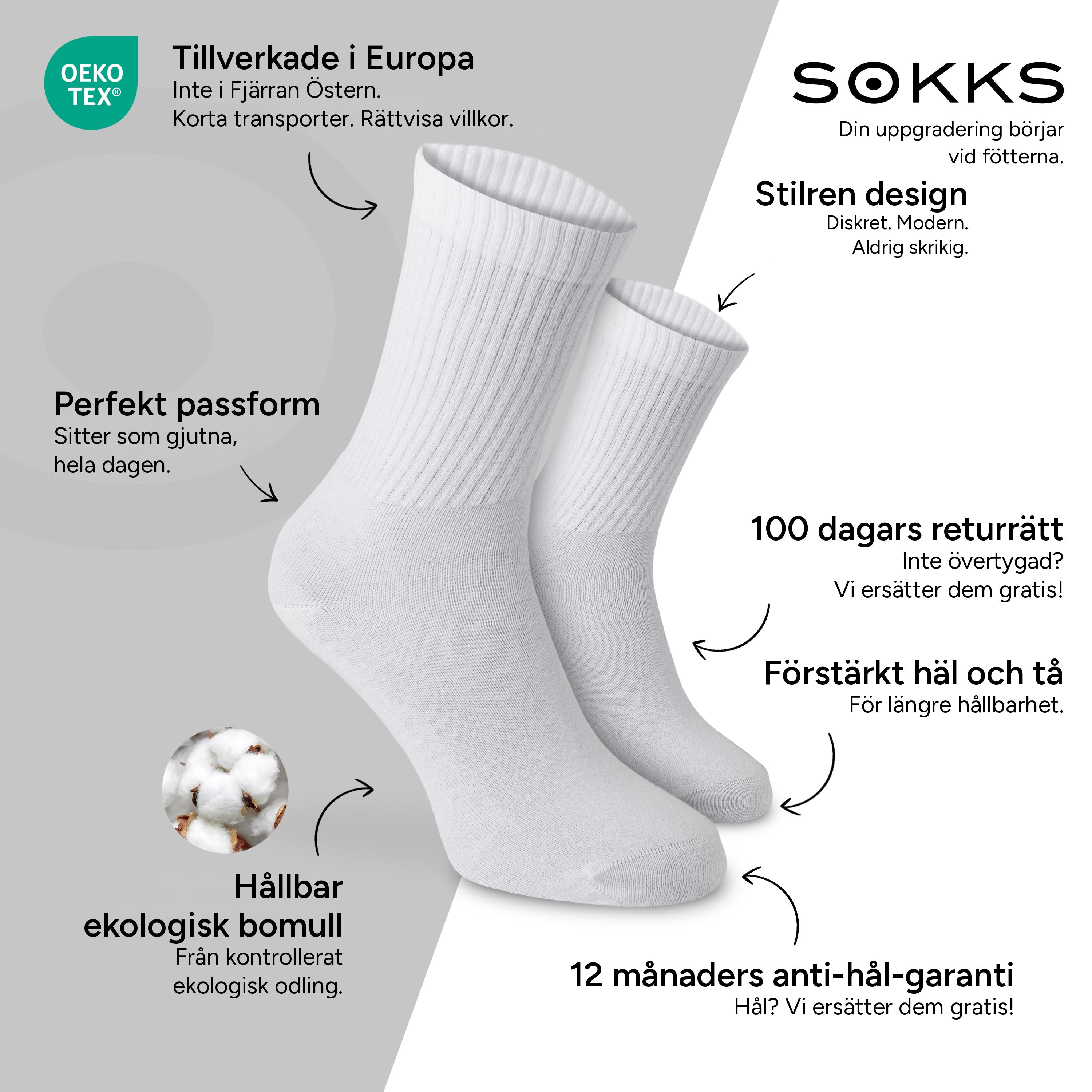SOKKS Höga Tennisstrumpor Vit i Bomull — Fördelar: Tillverkade i Europa, ekologisk bomull, 100 dagars returrätt, 12 månaders anti-hål-garanti